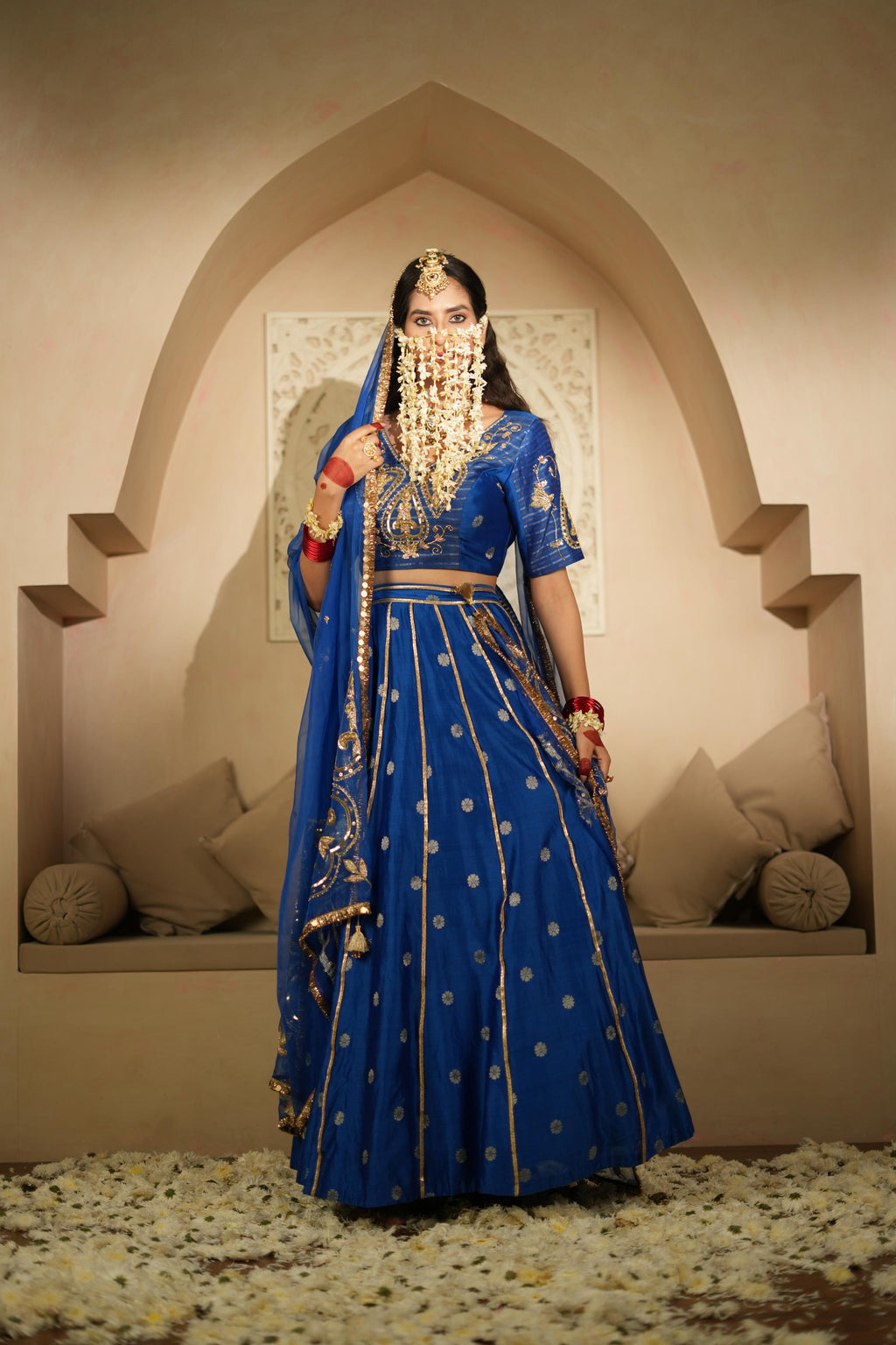 Women's Vintage Embroidered Royal Blue Lehenga Set