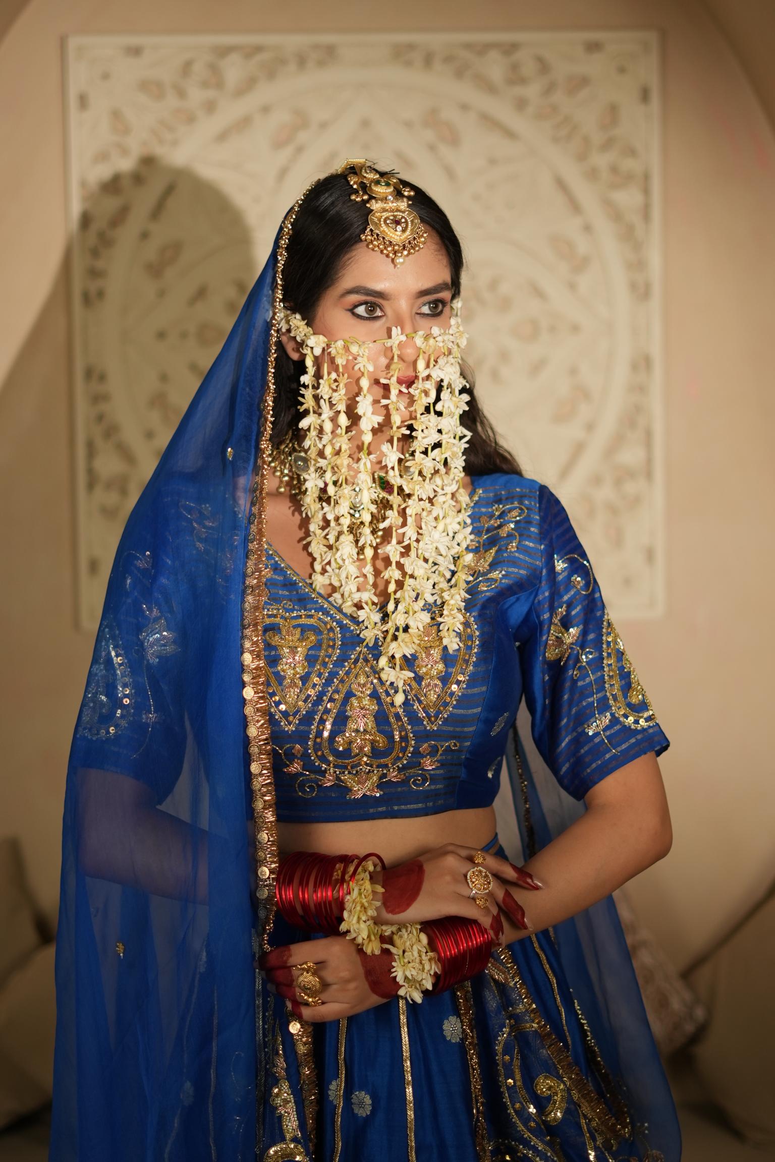 Women's Vintage Embroidered Royal Blue Lehenga Set