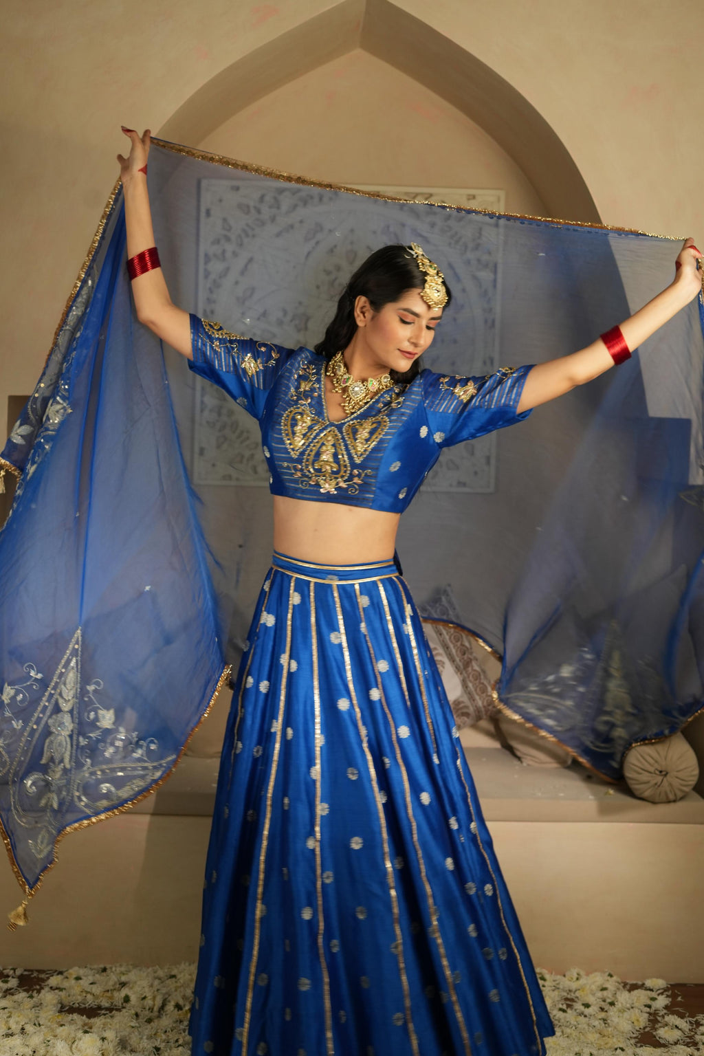 Women's Vintage Embroidered Royal Blue Lehenga Set
