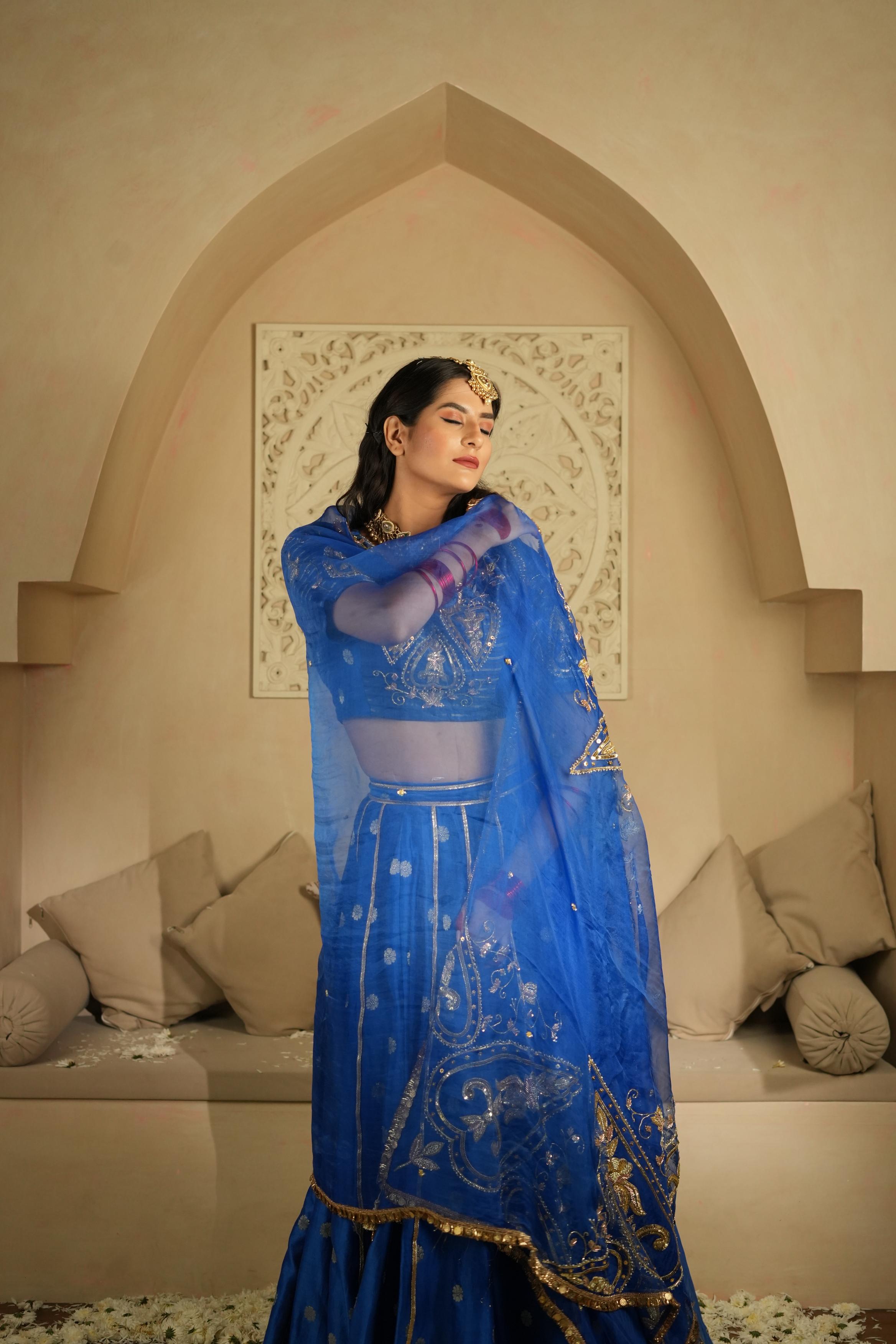 Women's Vintage Embroidered Royal Blue Lehenga Set