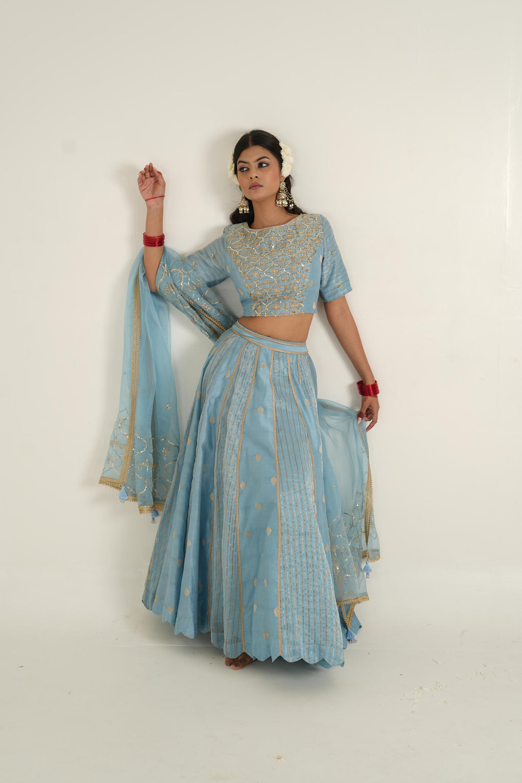 Women's Vintage Embroidered Light Blue Lehenga Set