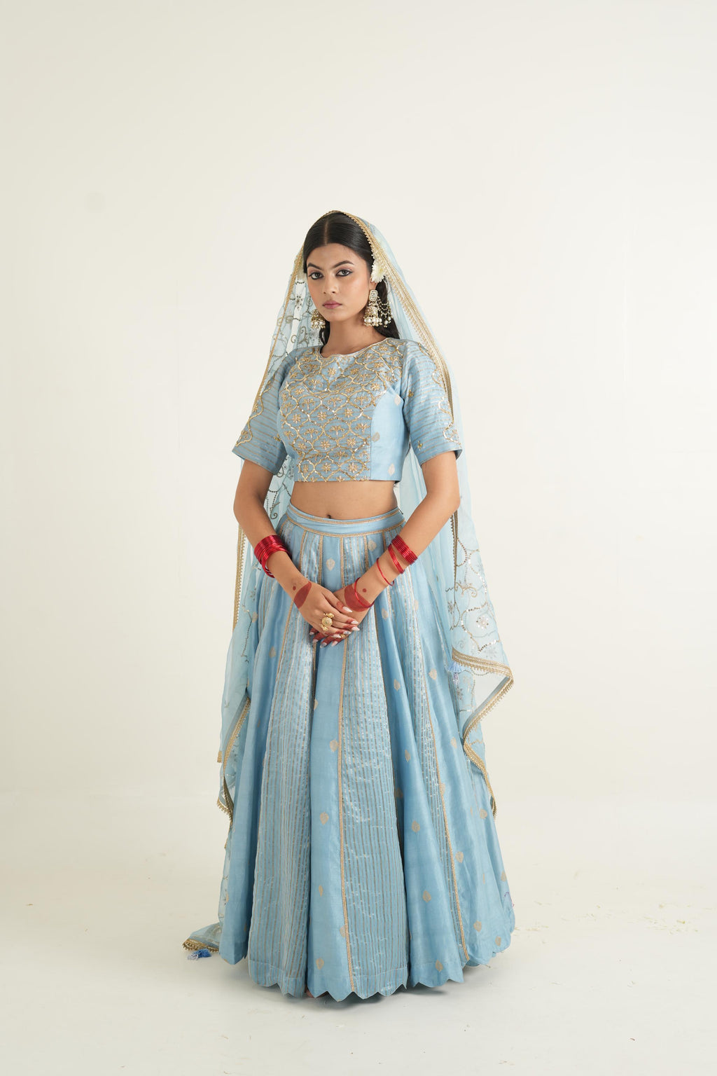 Women's Vintage Embroidered Light Blue Lehenga Set