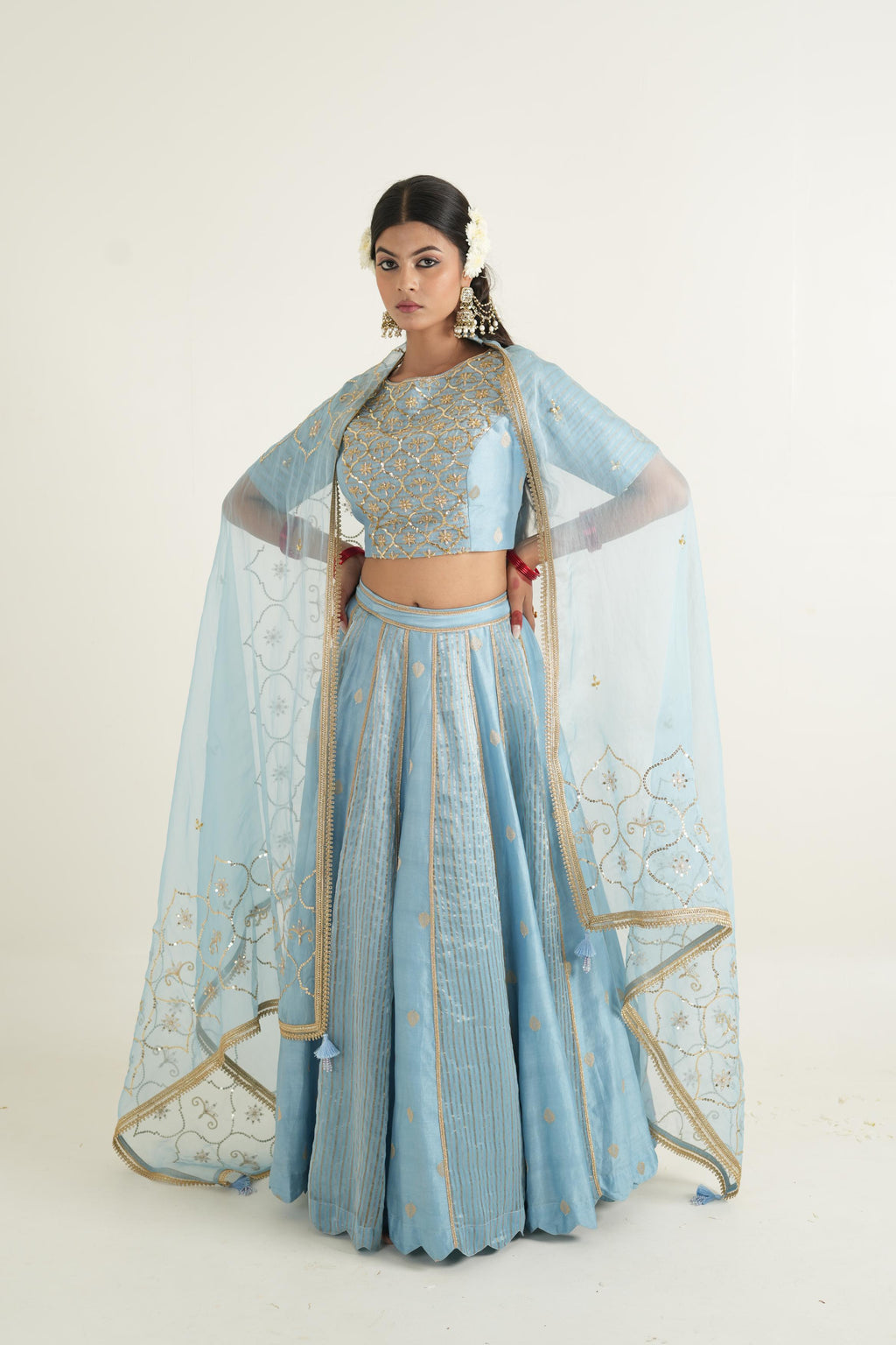 Women's Vintage Embroidered Light Blue Lehenga Set