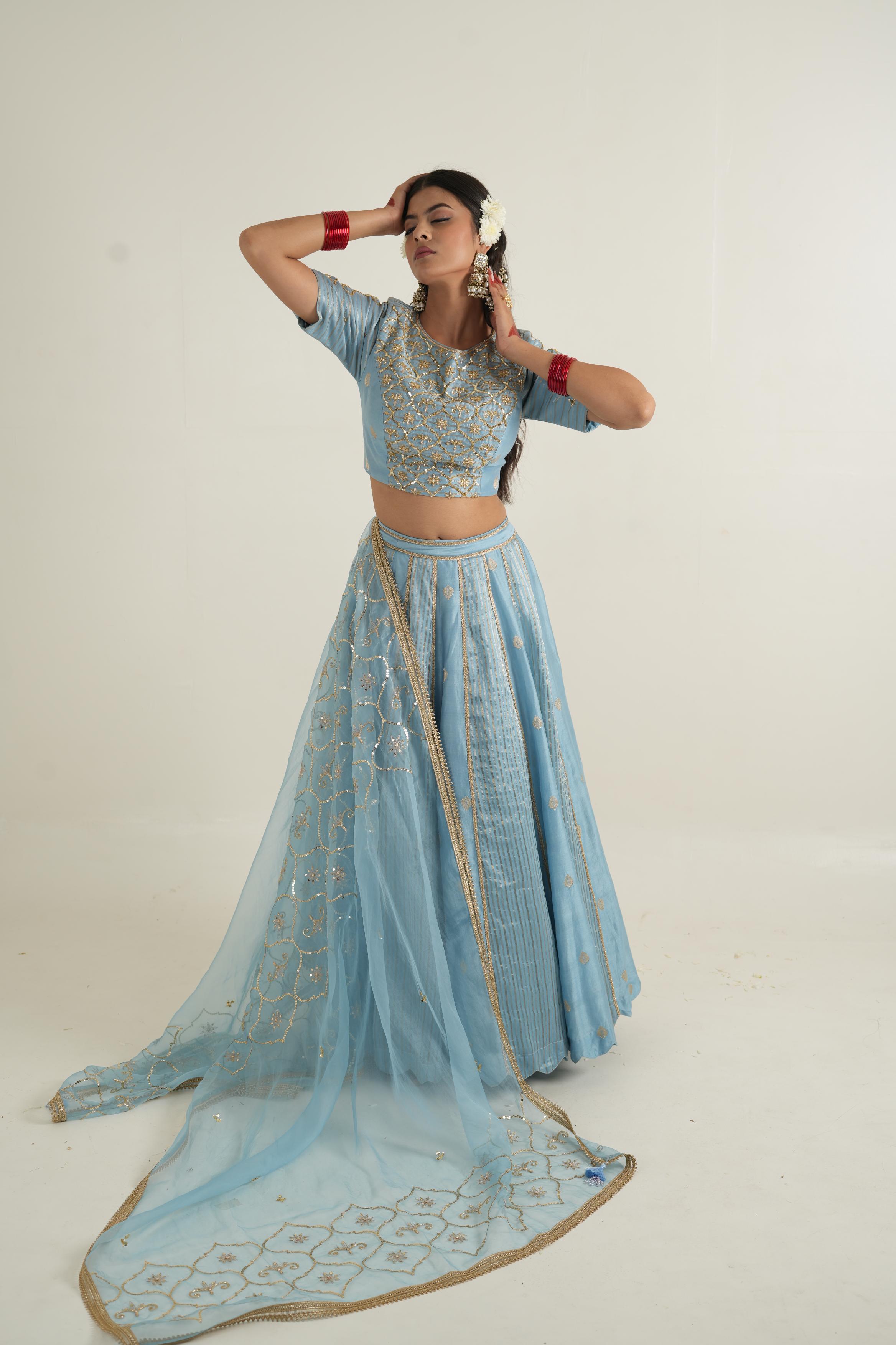 Women's Vintage Embroidered Light Blue Lehenga Set