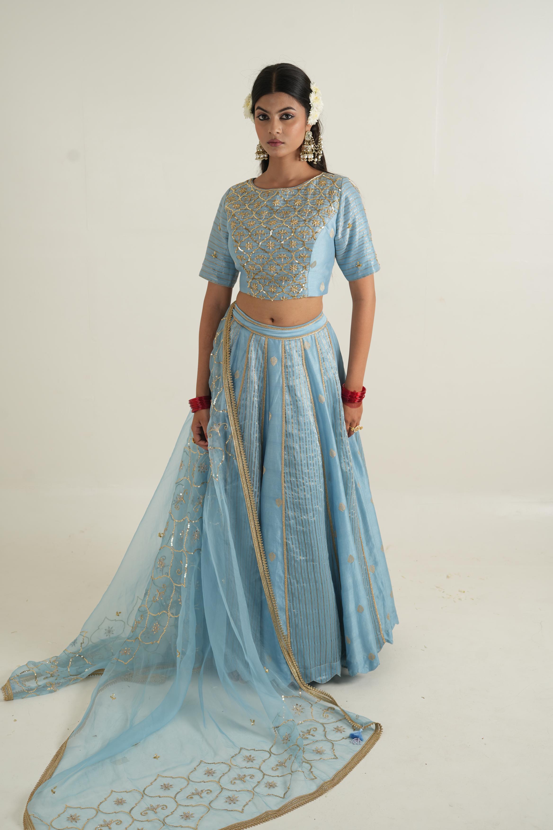 Women's Vintage Embroidered Light Blue Lehenga Set
