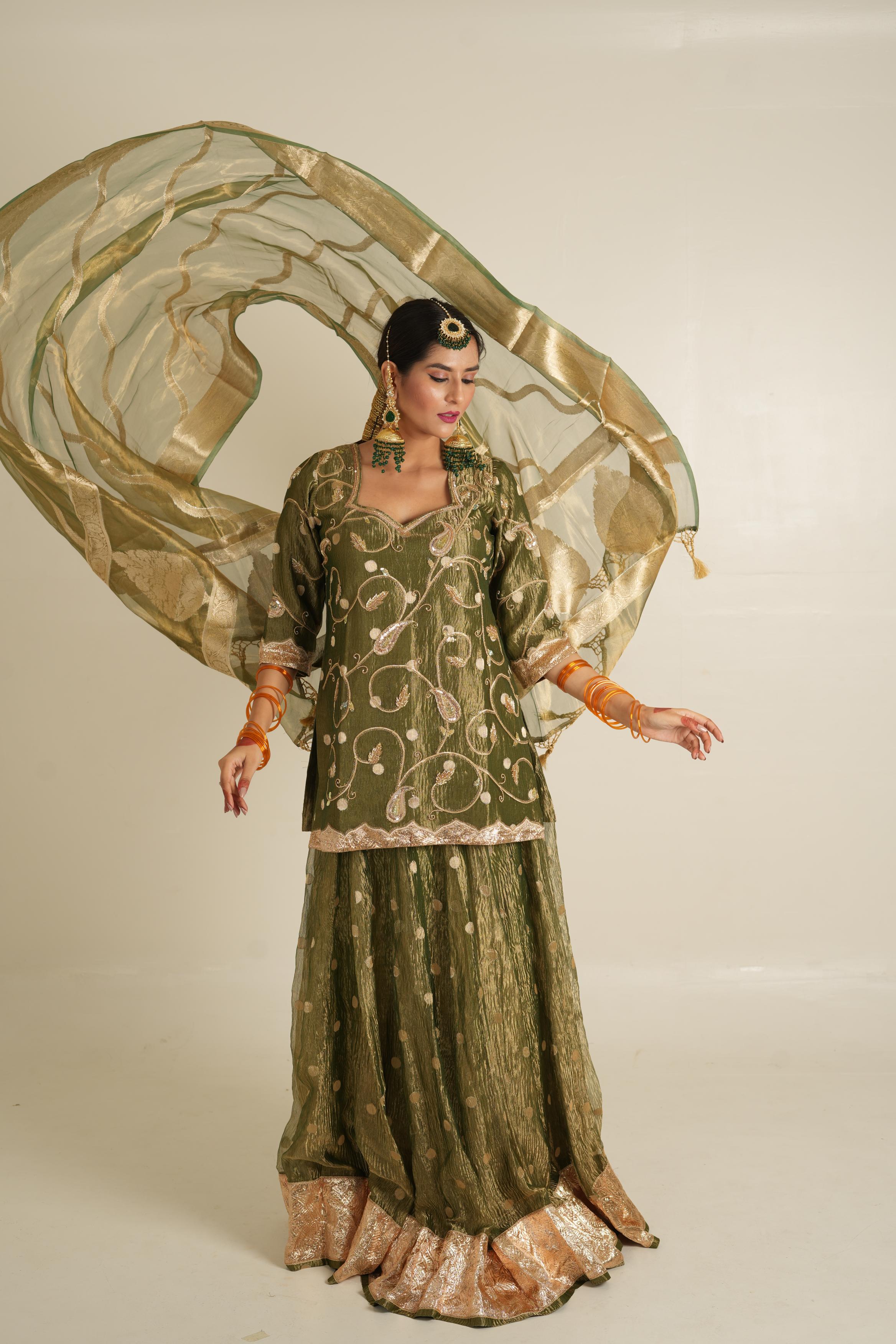 Women's Mehendi Green Crush Lehenga Set