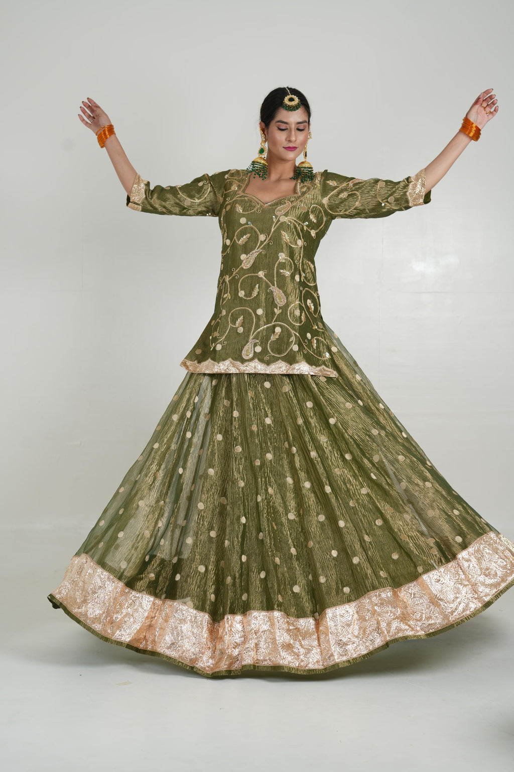 Women's Mehendi Green Crush Lehenga Set