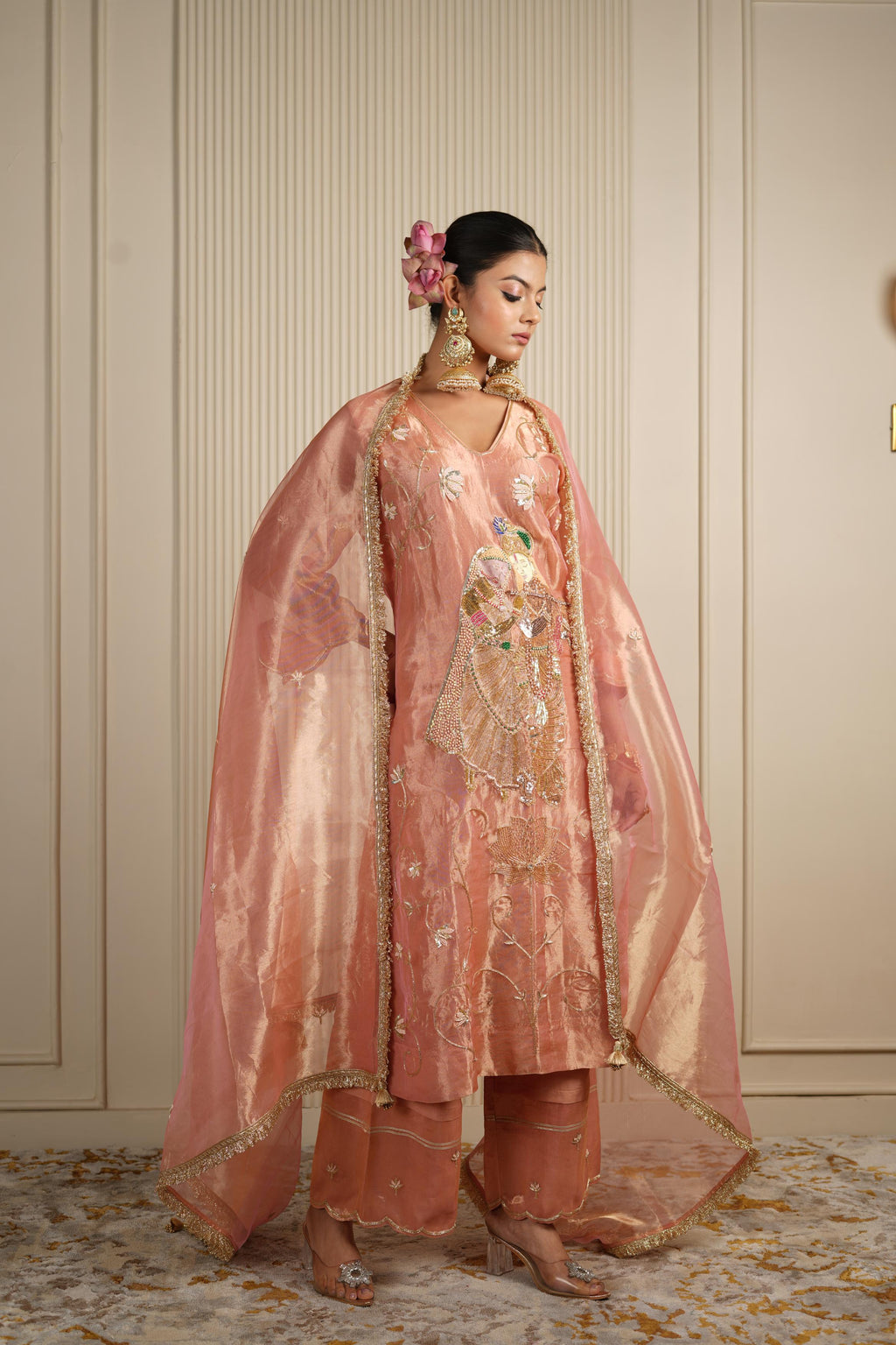 Women's Vintage Embroidered Peach kurta Set