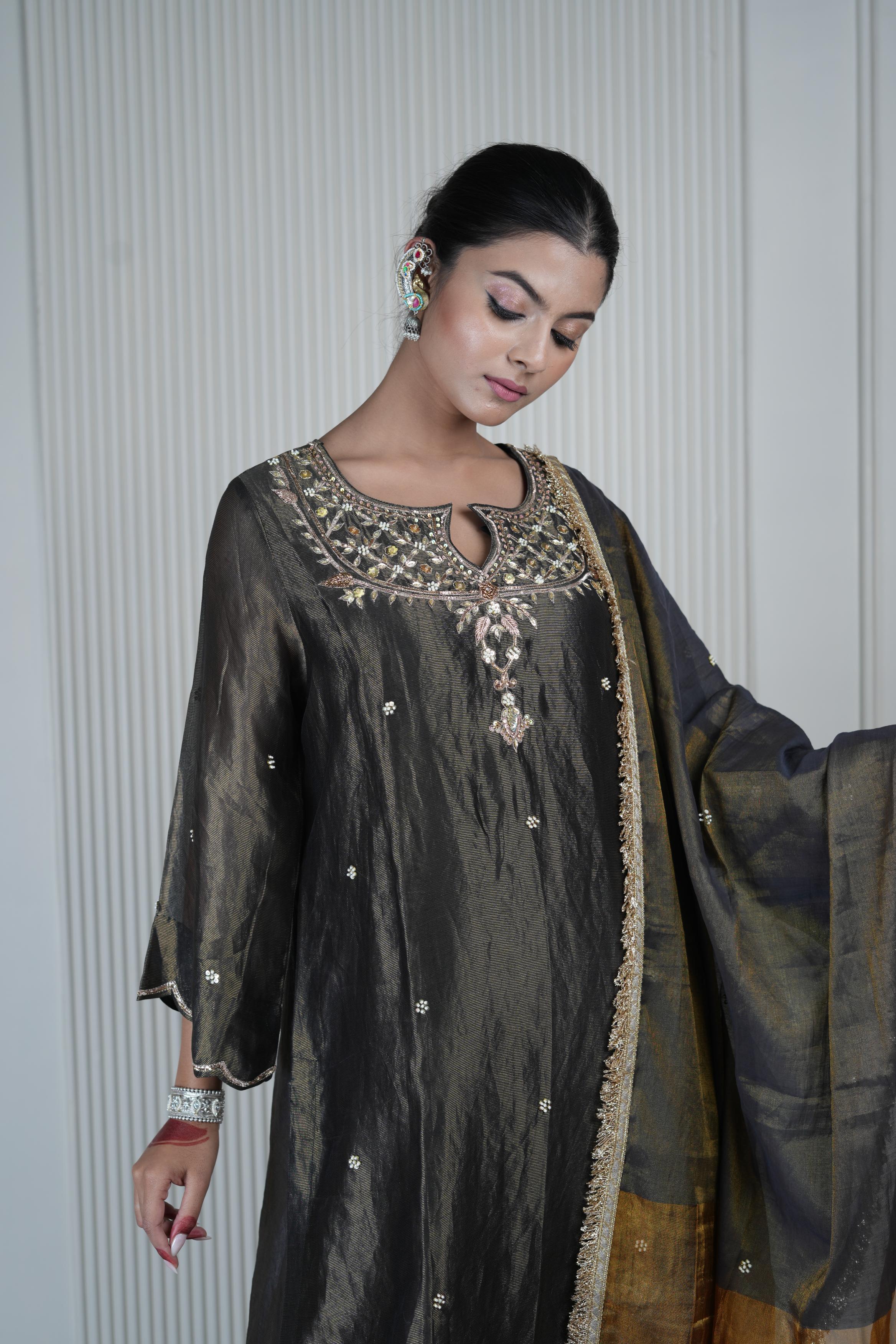 Women's Black Tissue Kurta Set