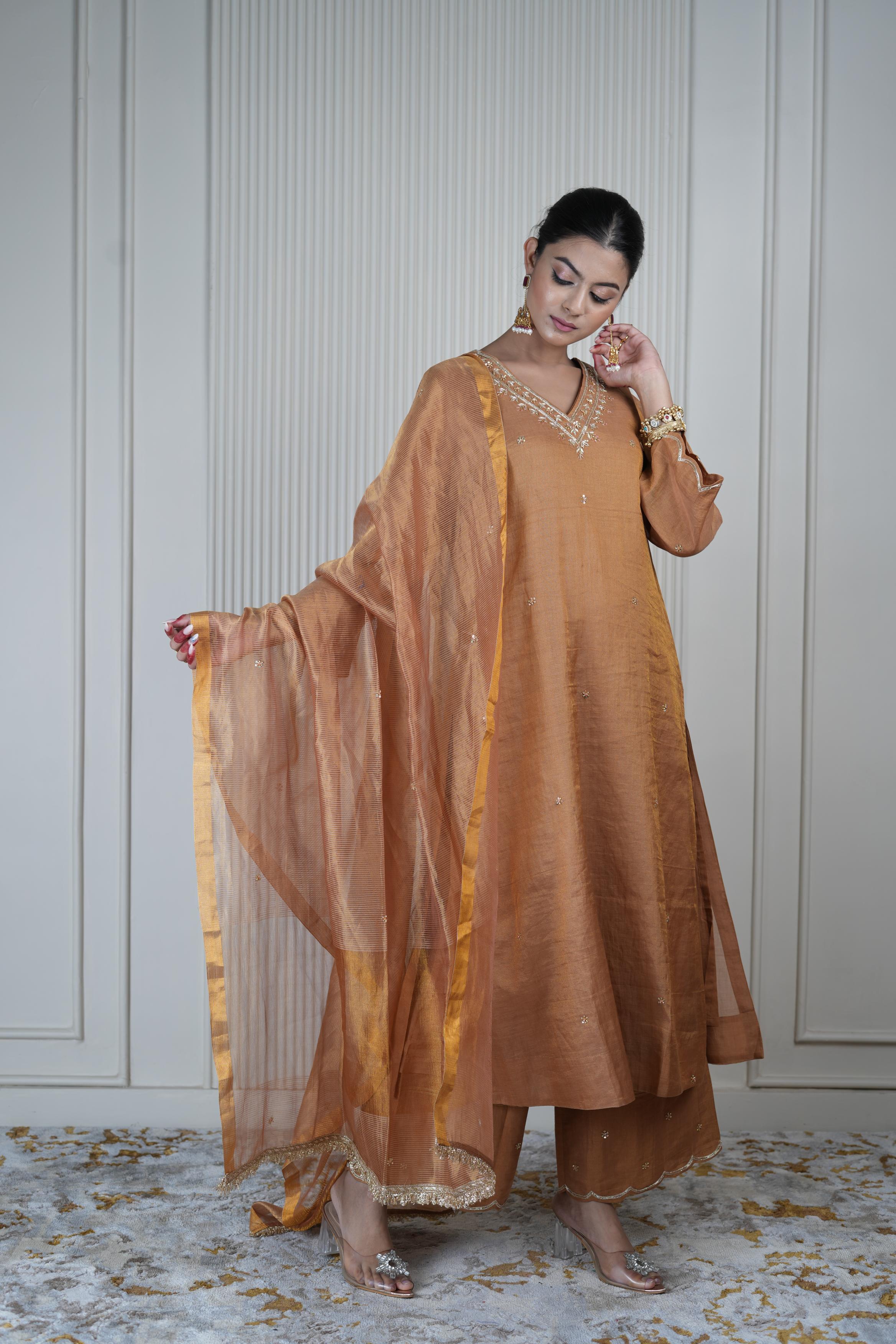 Women's Vintage Embroidered Brown Beige kurta Set