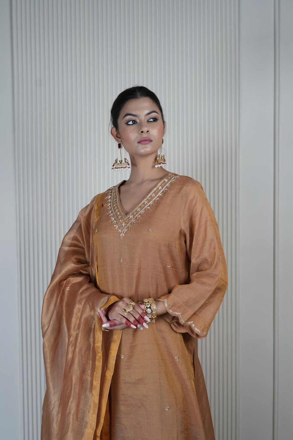 Women's Vintage Embroidered Brown Beige kurta Set