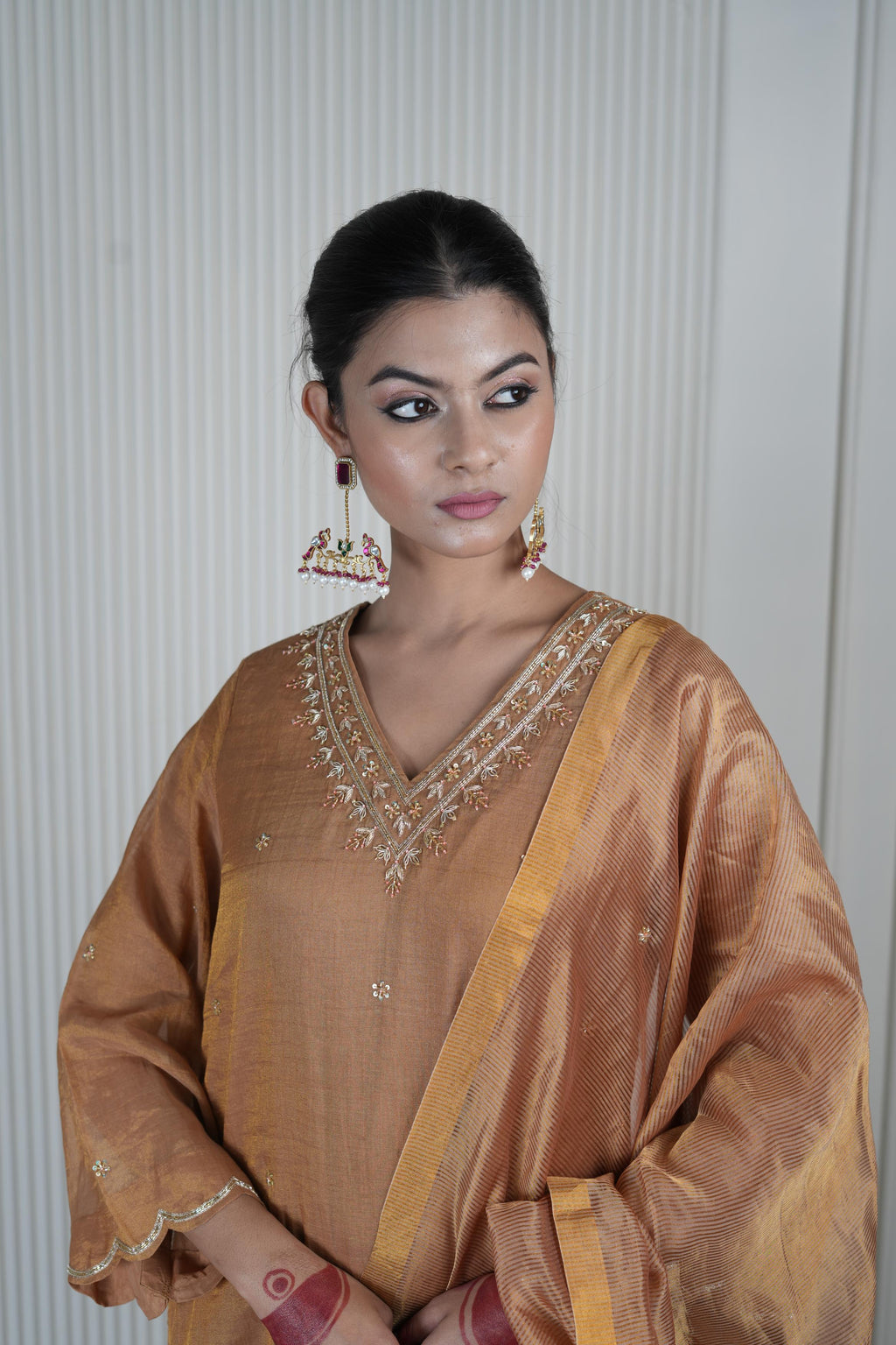 Women's Vintage Embroidered Brown Beige kurta Set