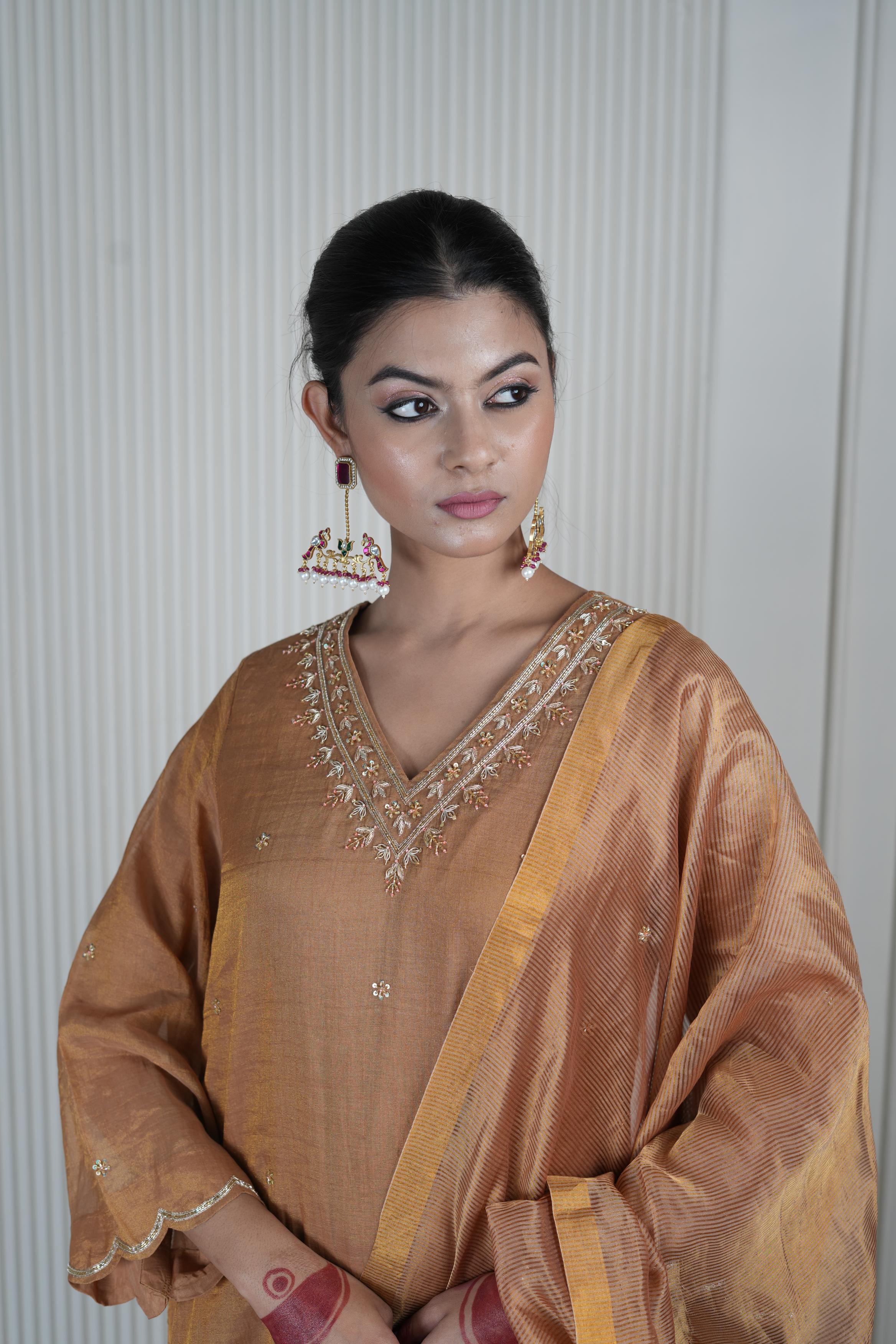 Women's Vintage Embroidered Brown Beige kurta Set