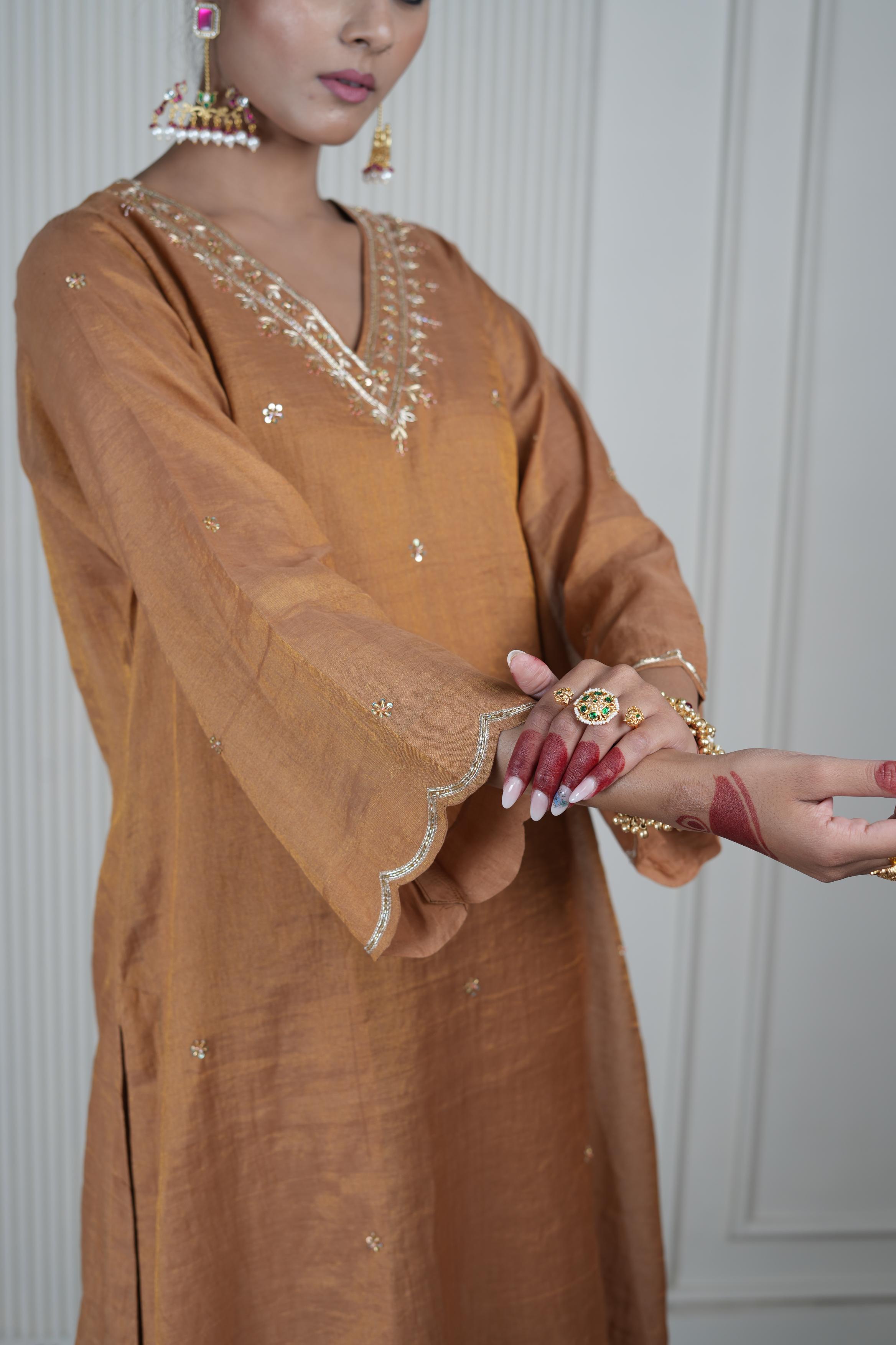 Women's Vintage Embroidered Brown Beige kurta Set