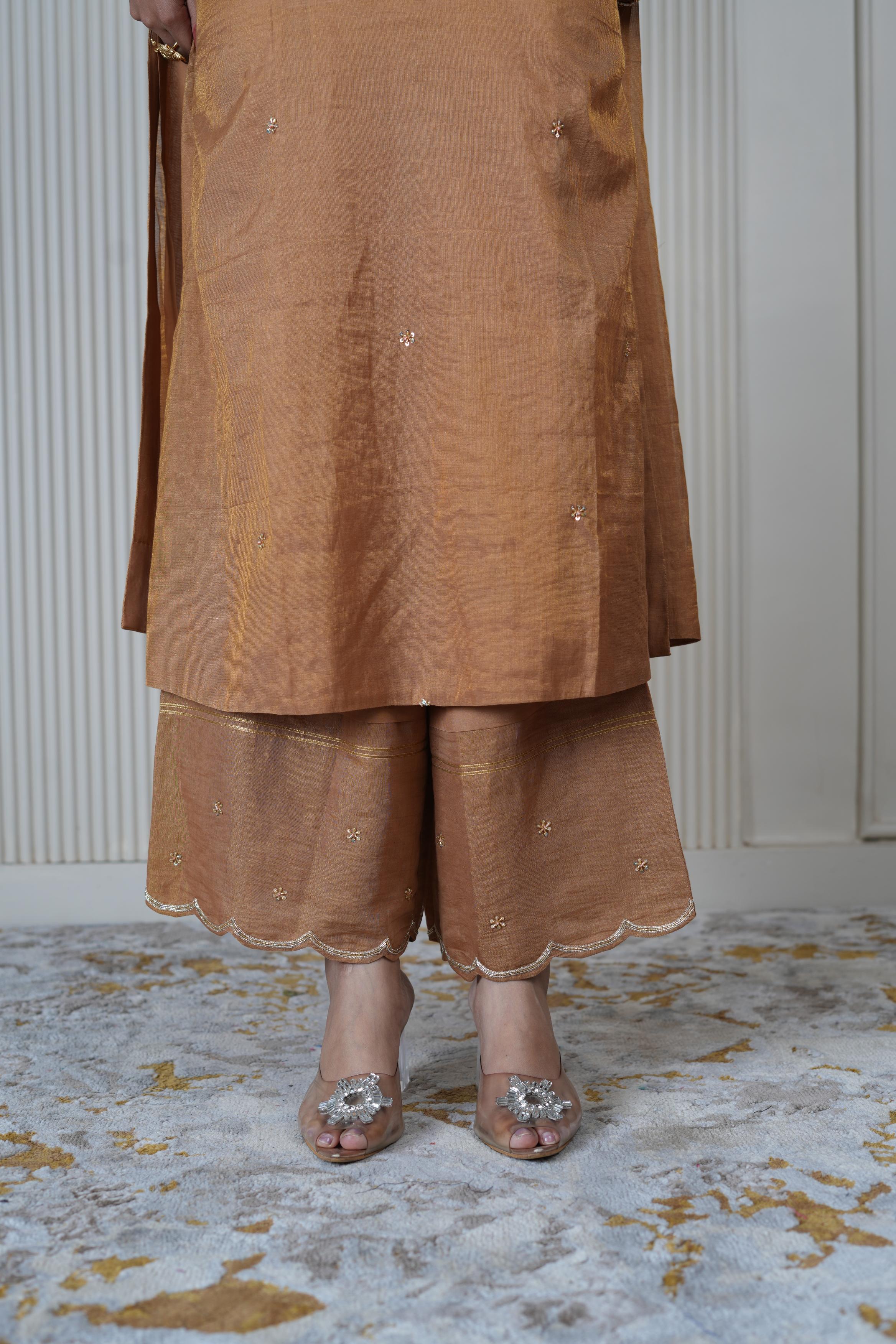 Women's Vintage Embroidered Brown Beige kurta Set
