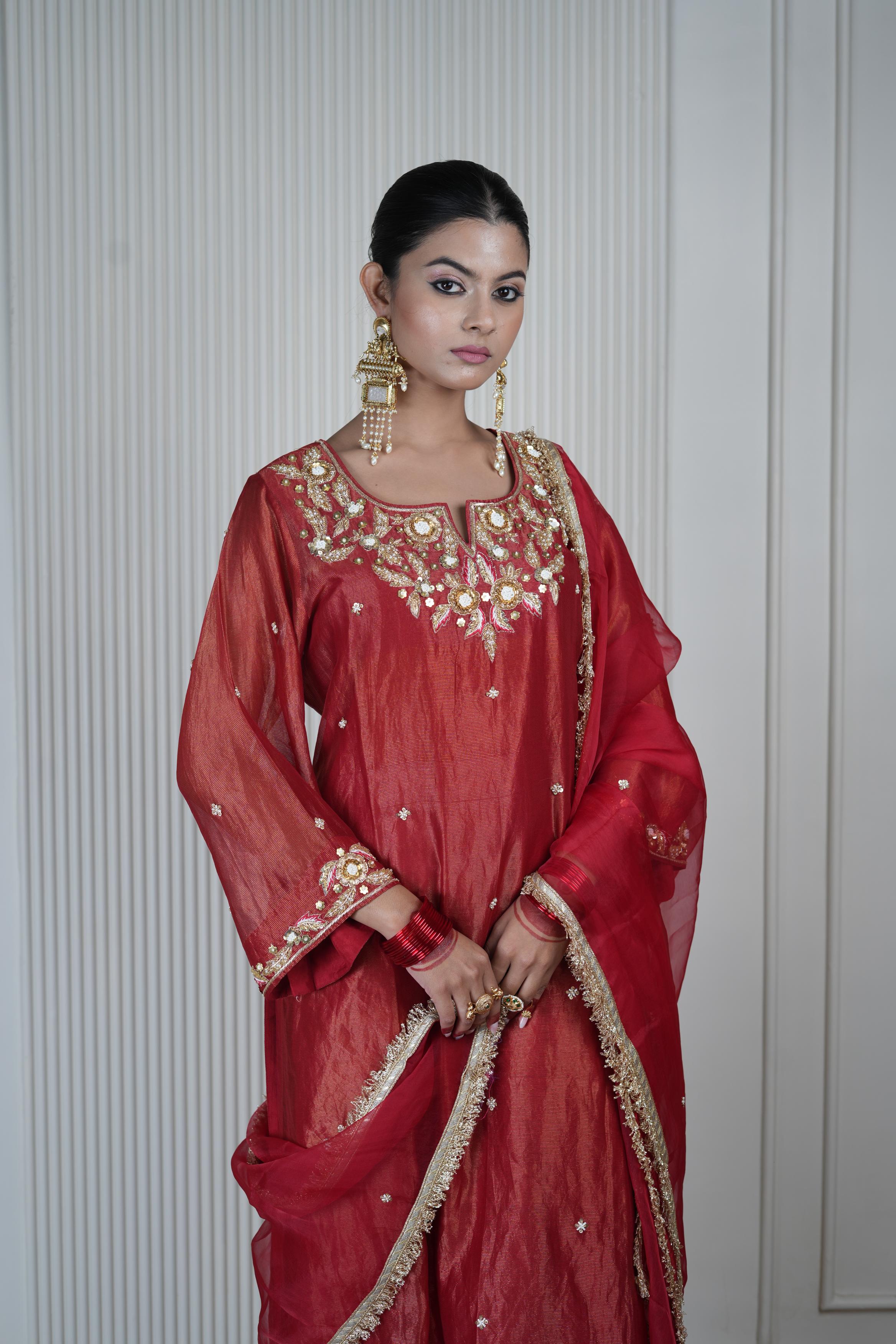 Women's Vintage Embroidered Dark Red kurta Set