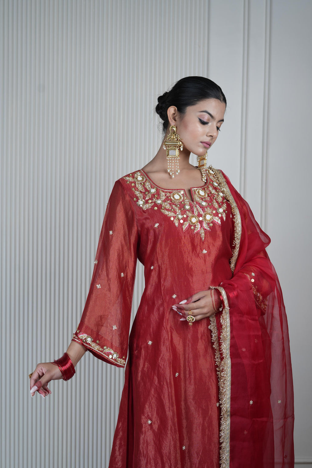 Women's Vintage Embroidered Dark Red kurta Set