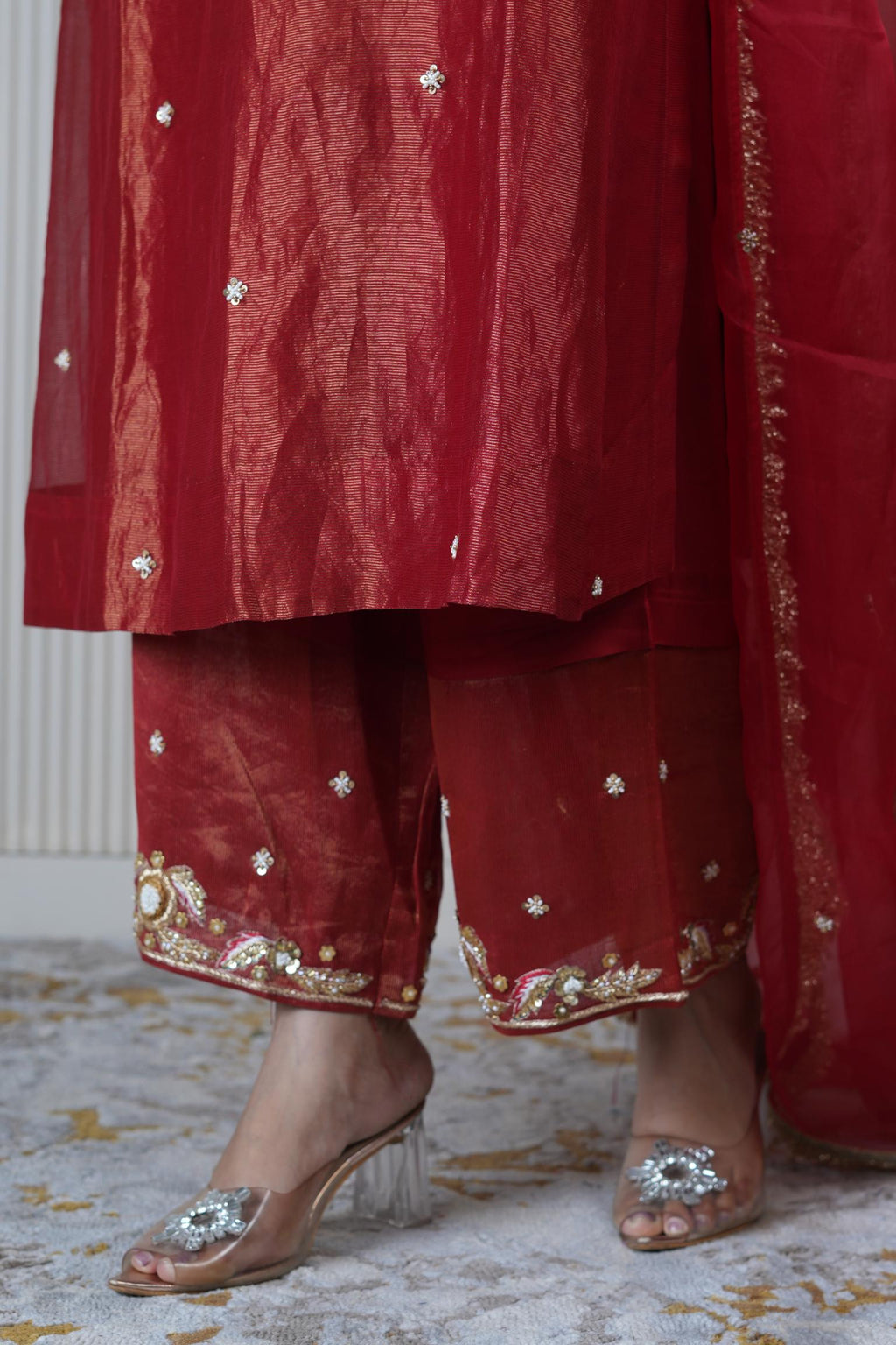 Women's Vintage Embroidered Dark Red kurta Set