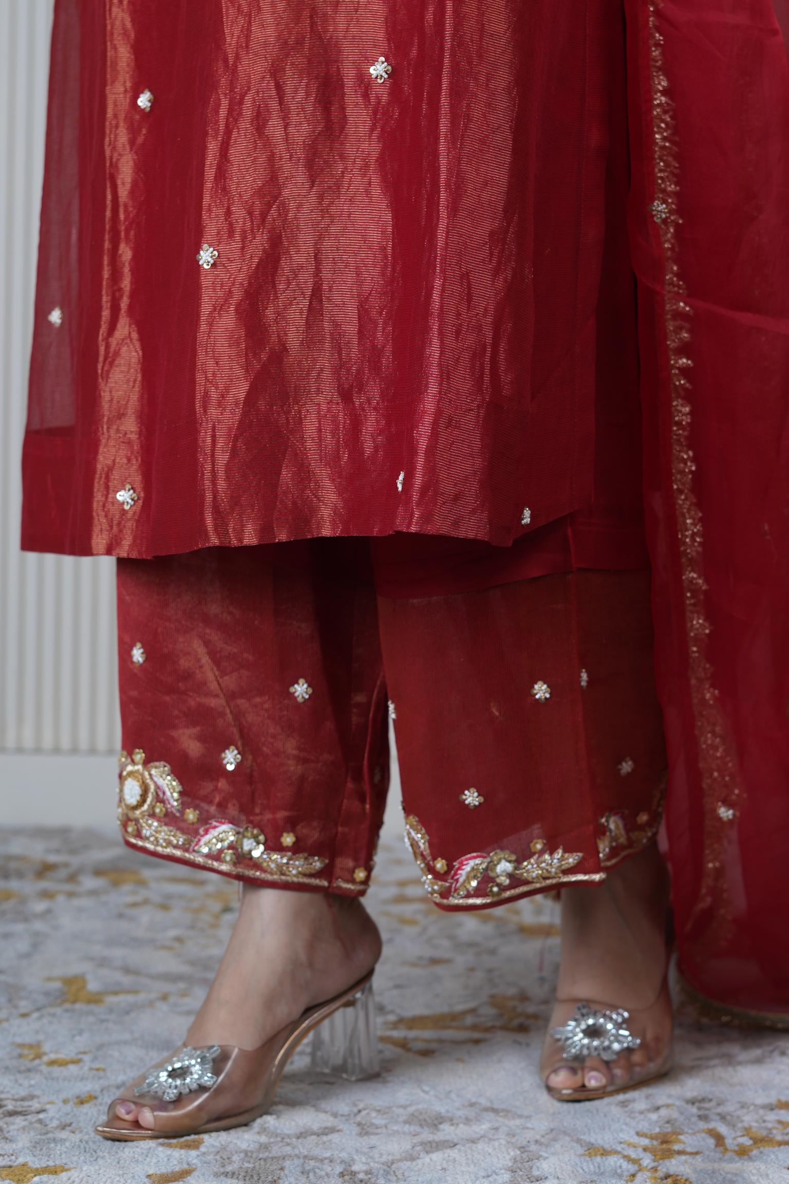 Women's Vintage Embroidered Dark Red kurta Set