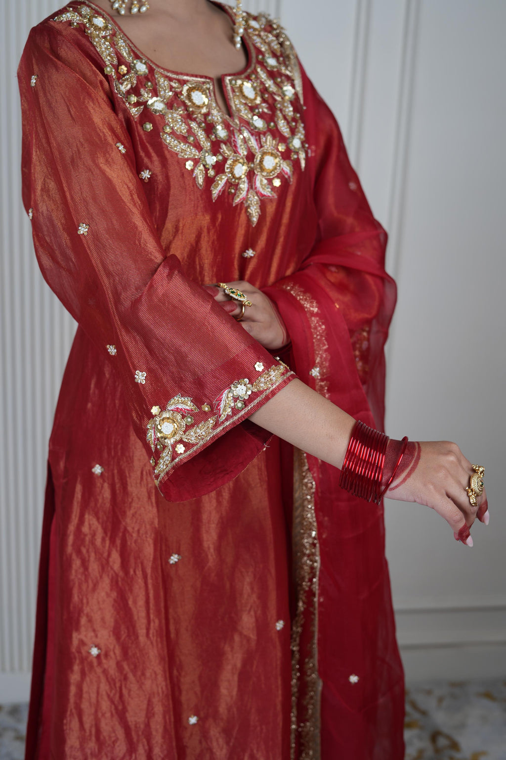 Women's Vintage Embroidered Dark Red kurta Set