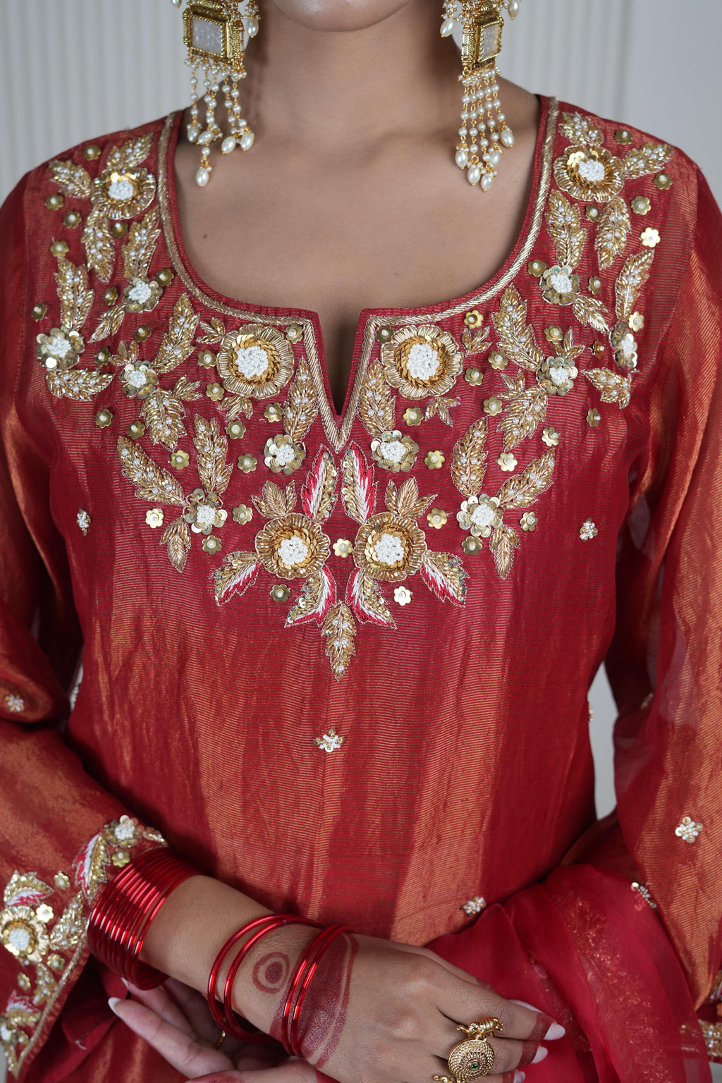 Women's Vintage Embroidered Dark Red kurta Set