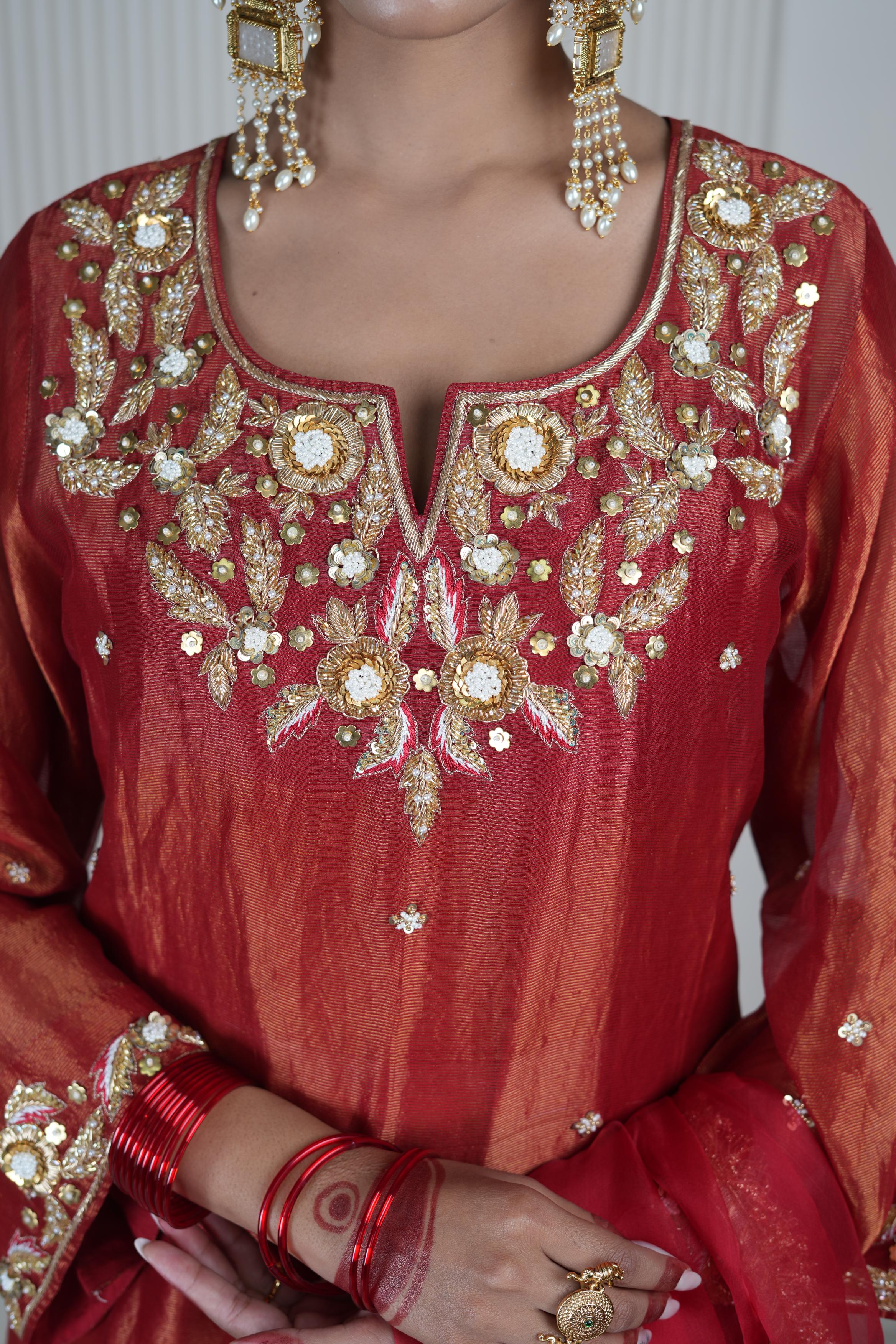 Women's Vintage Embroidered Dark Red kurta Set