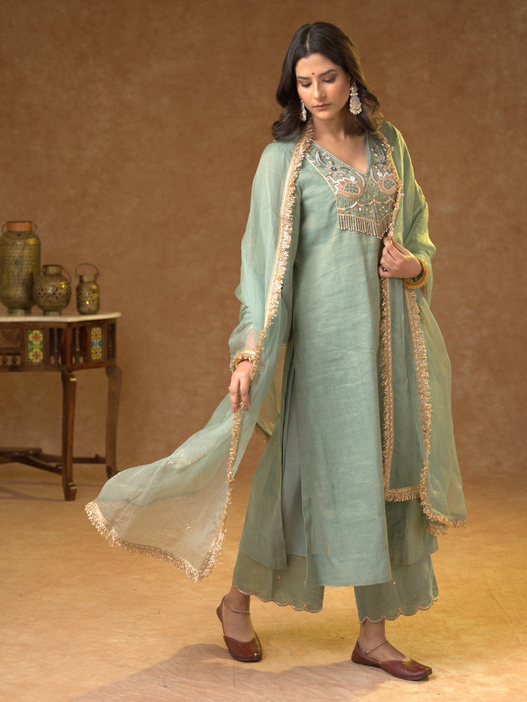 Women's Light Blue Hand Woven Kurta Set
