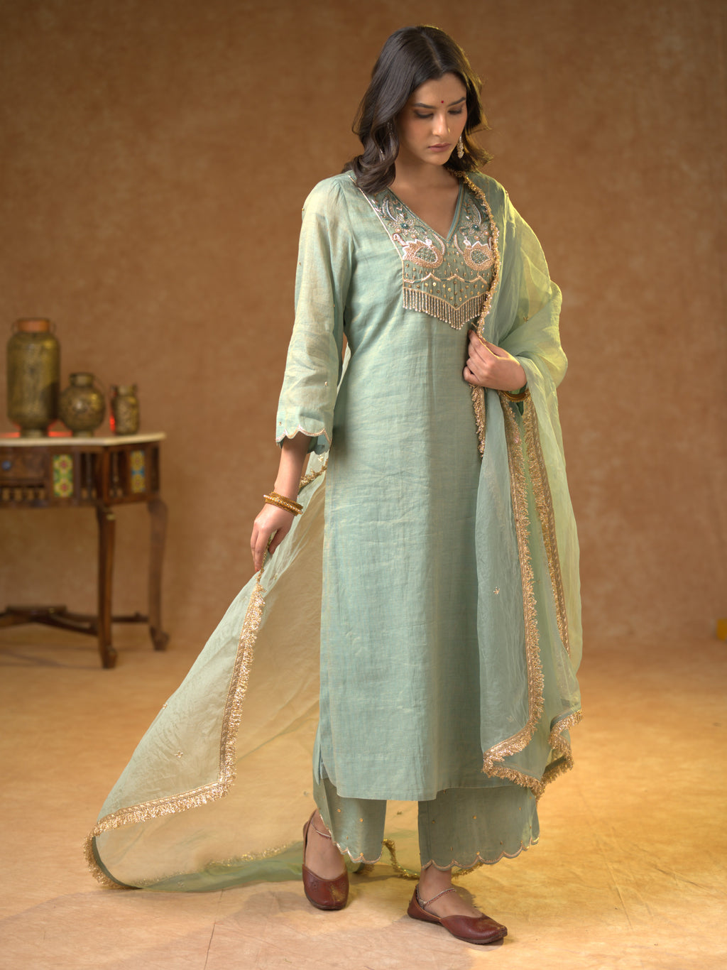 Women's Light Blue Hand Woven Kurta Set