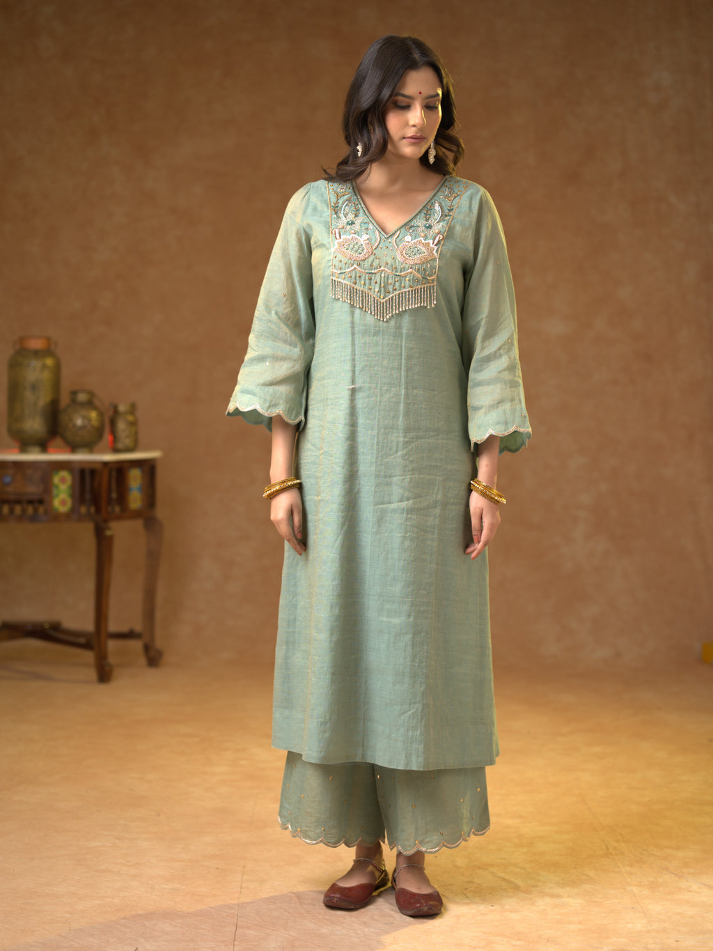 Women's Light Blue Hand Woven Kurta Set