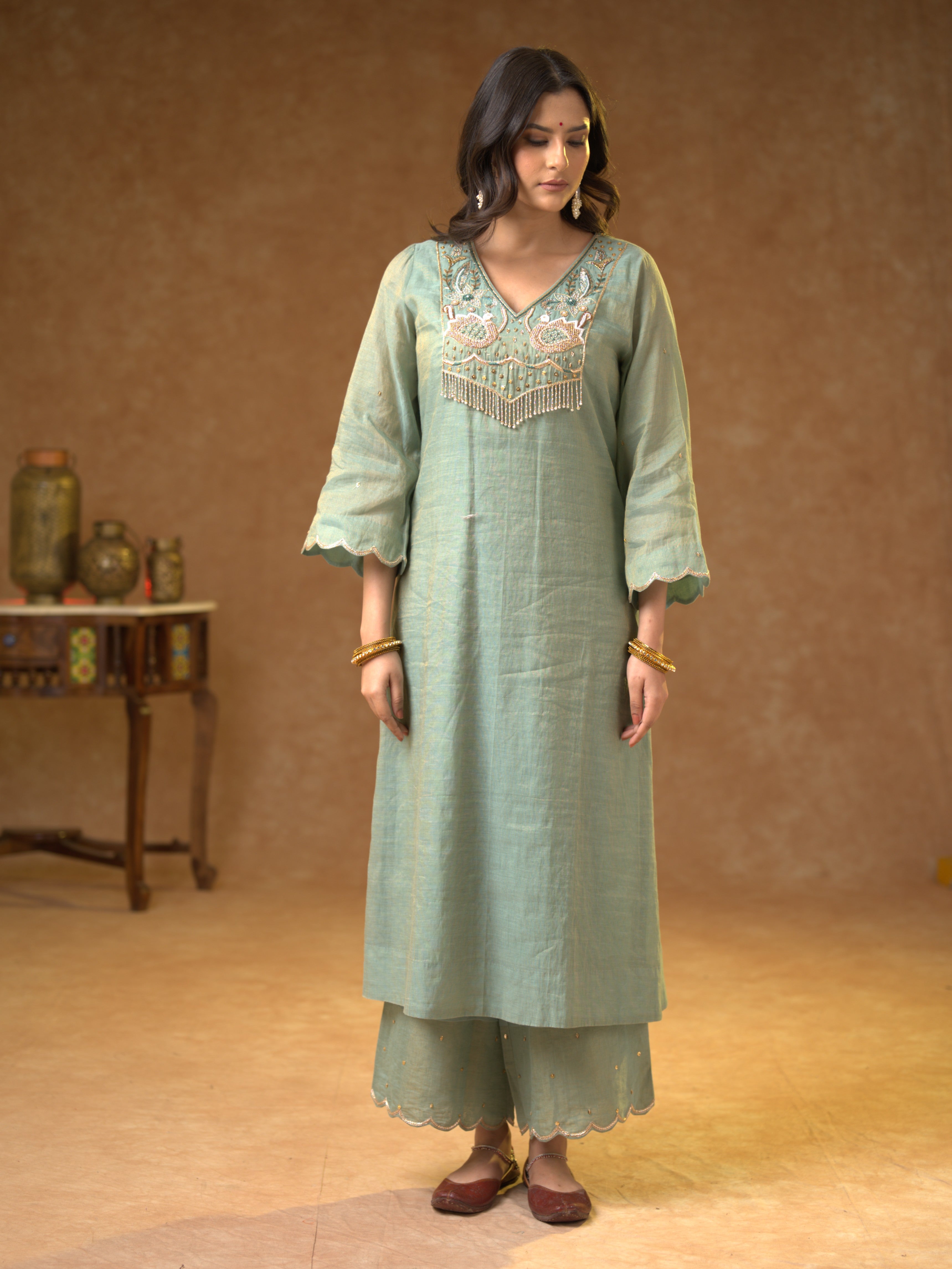 Women's Light Blue Hand Woven Kurta Set