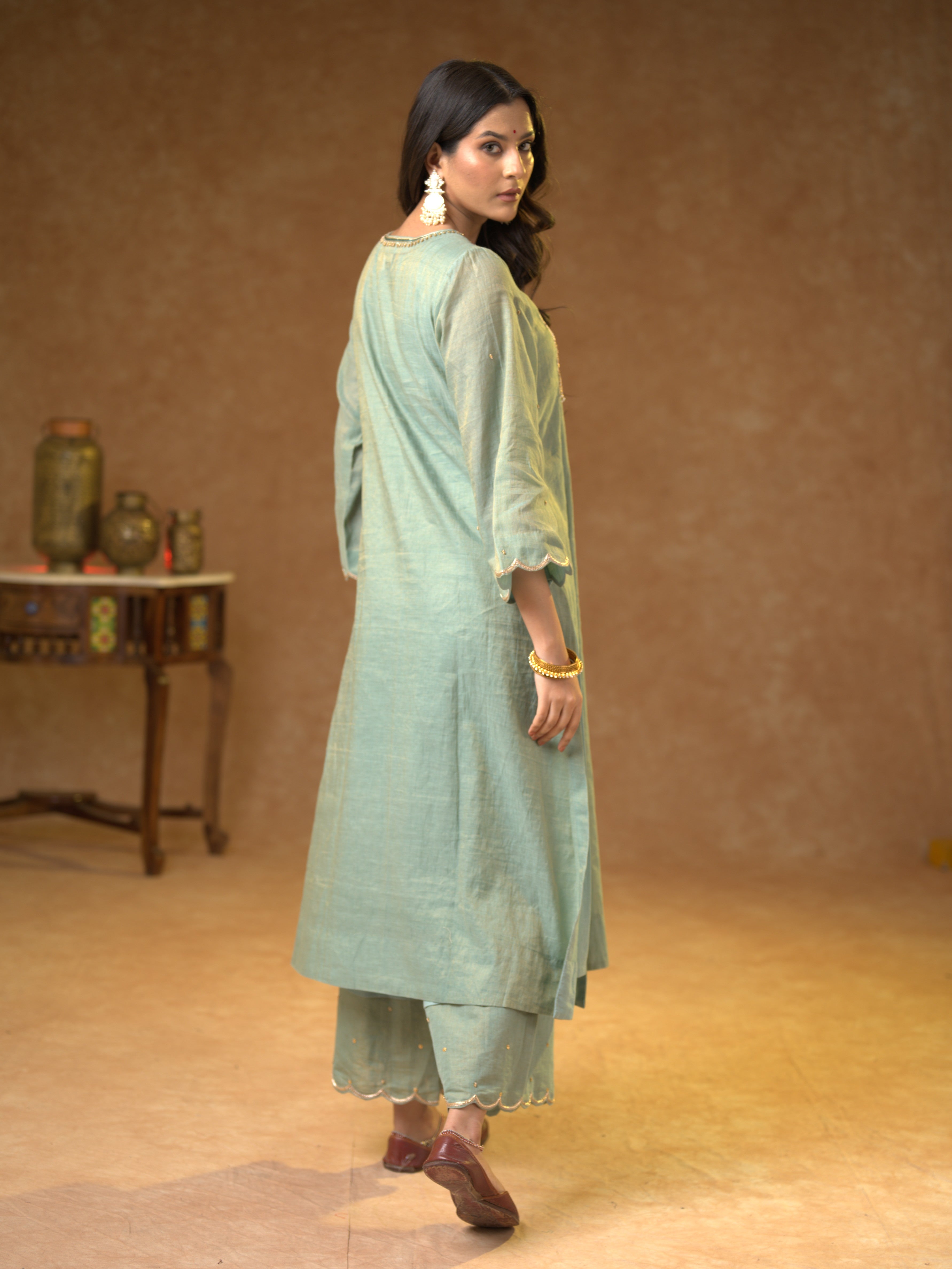 Women's Light Blue Hand Woven Kurta Set