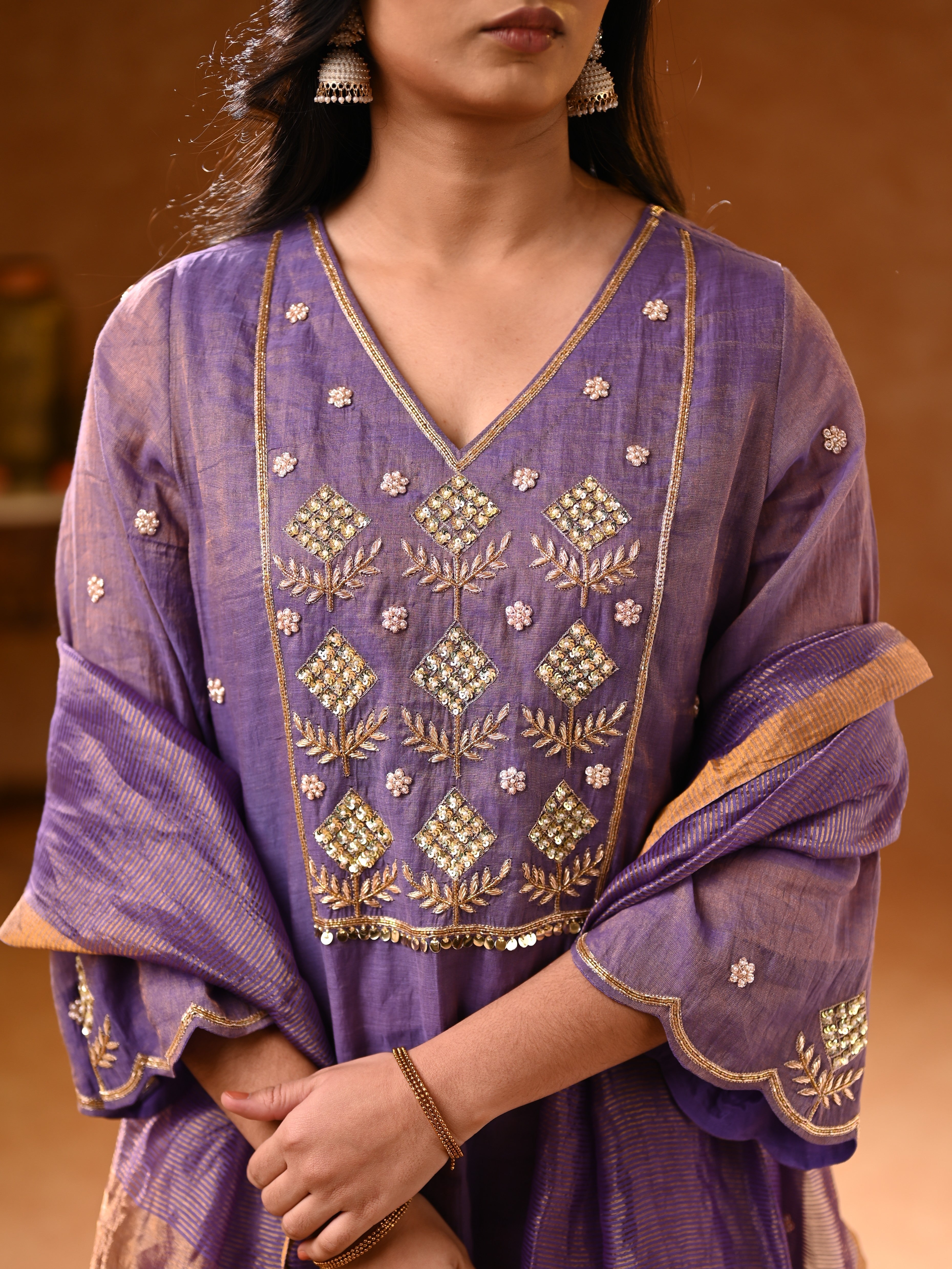 Women's Purple Hand Woven Kurta Set
