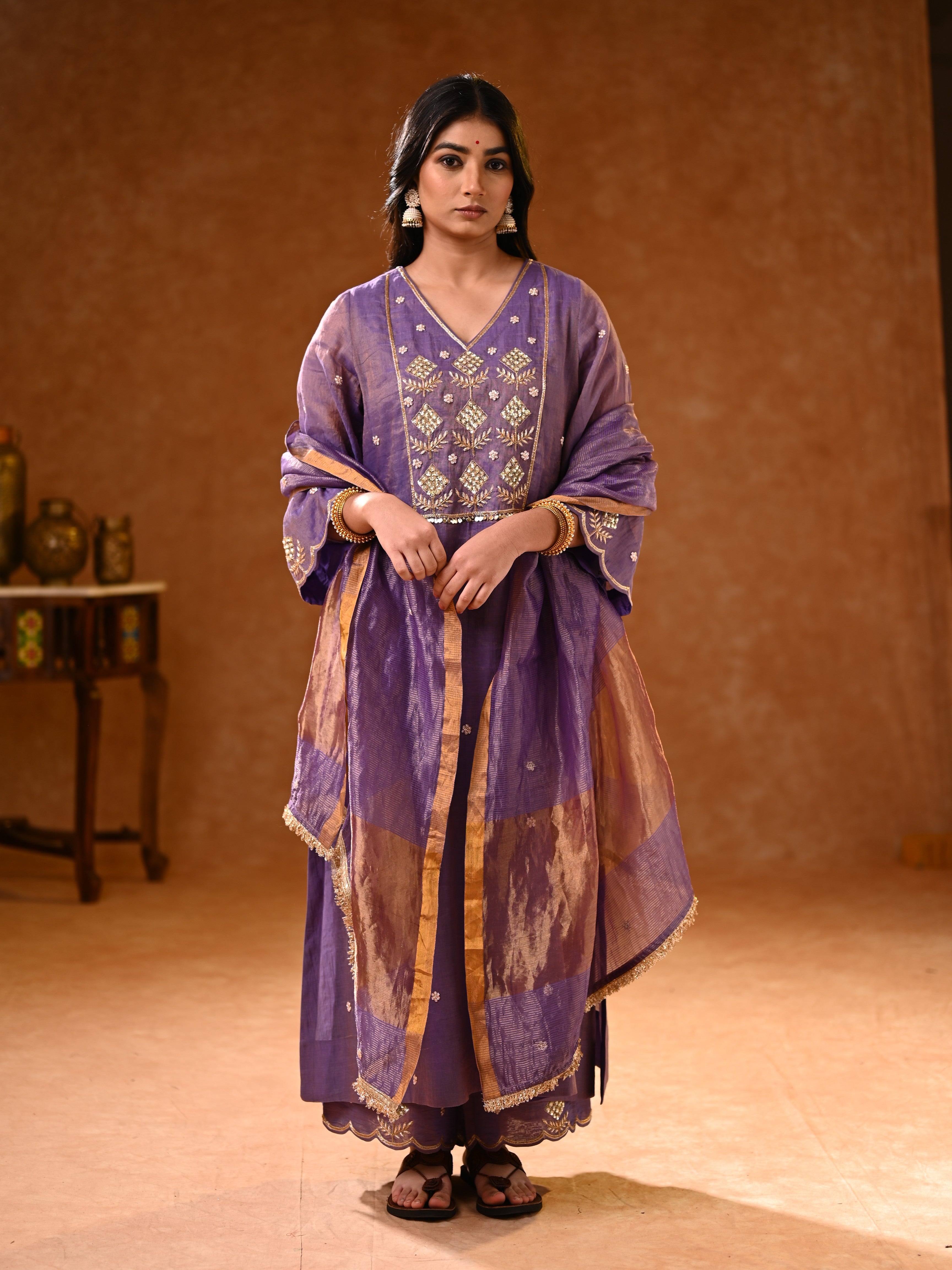 Women's Purple Hand Woven Kurta Set