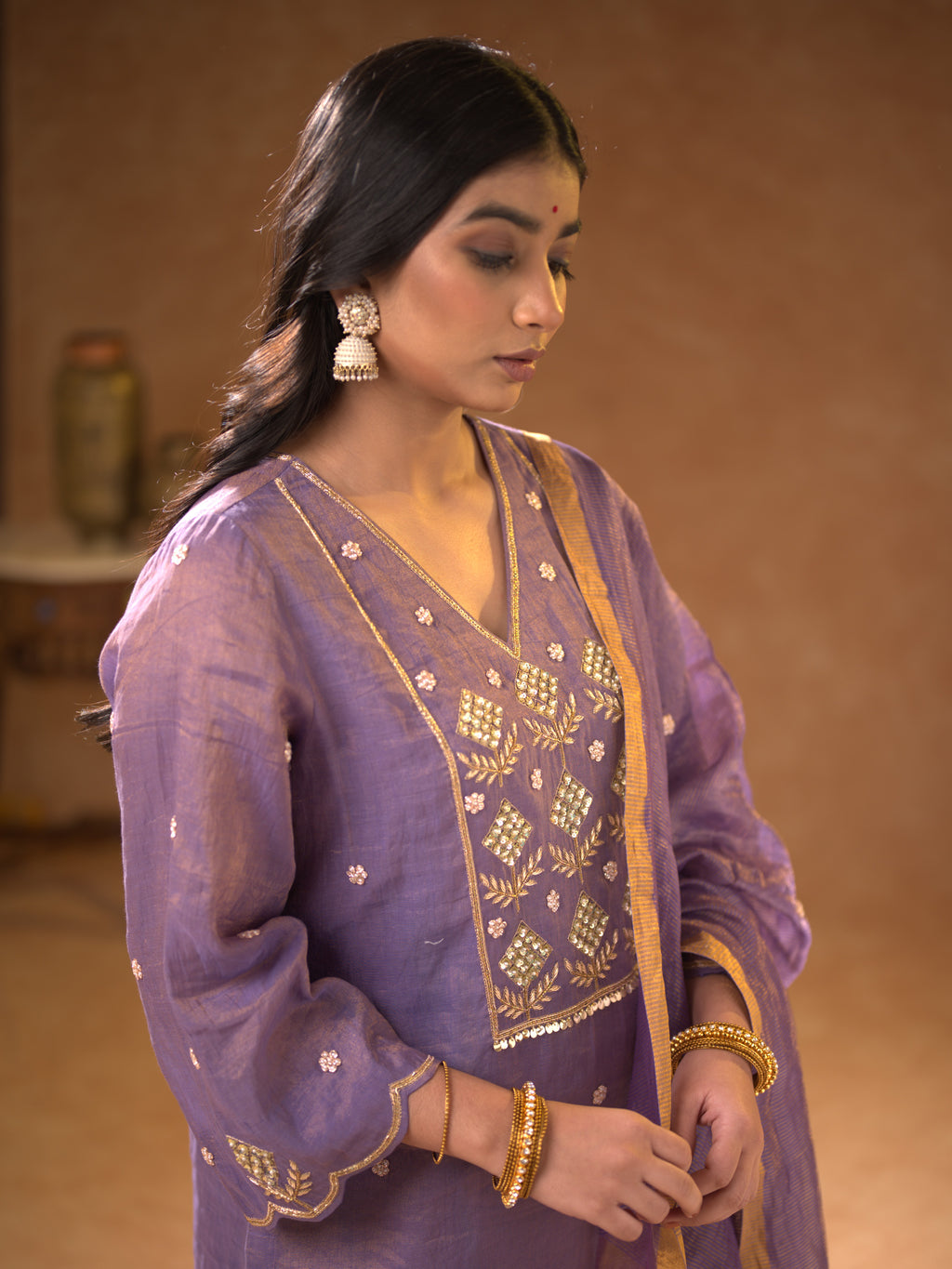Women's Purple Hand Woven Kurta Set