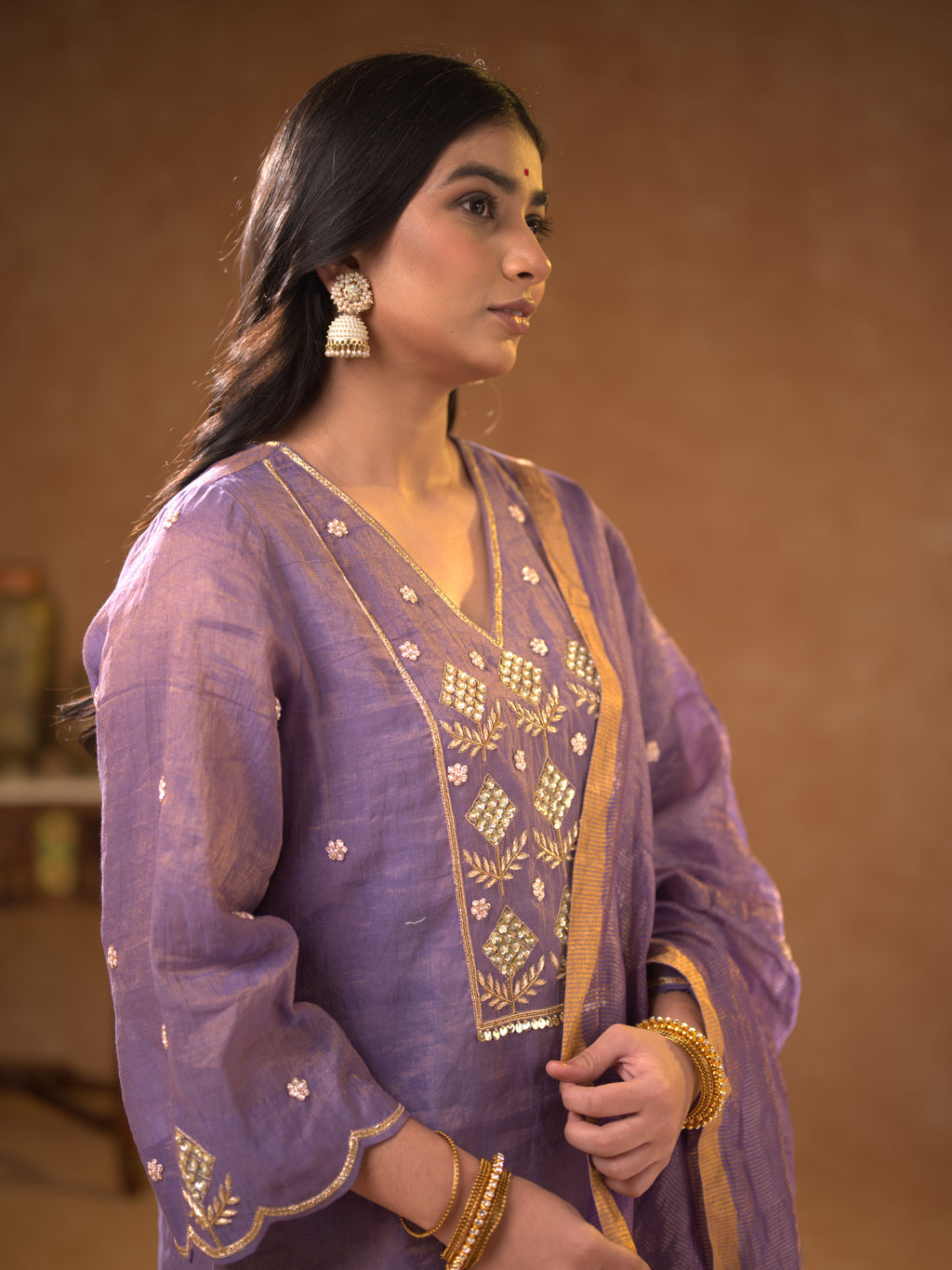 Women's Purple Hand Woven Kurta Set