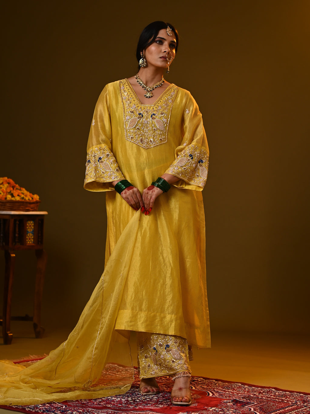 Women's Yellow Hand woven Kurta Set