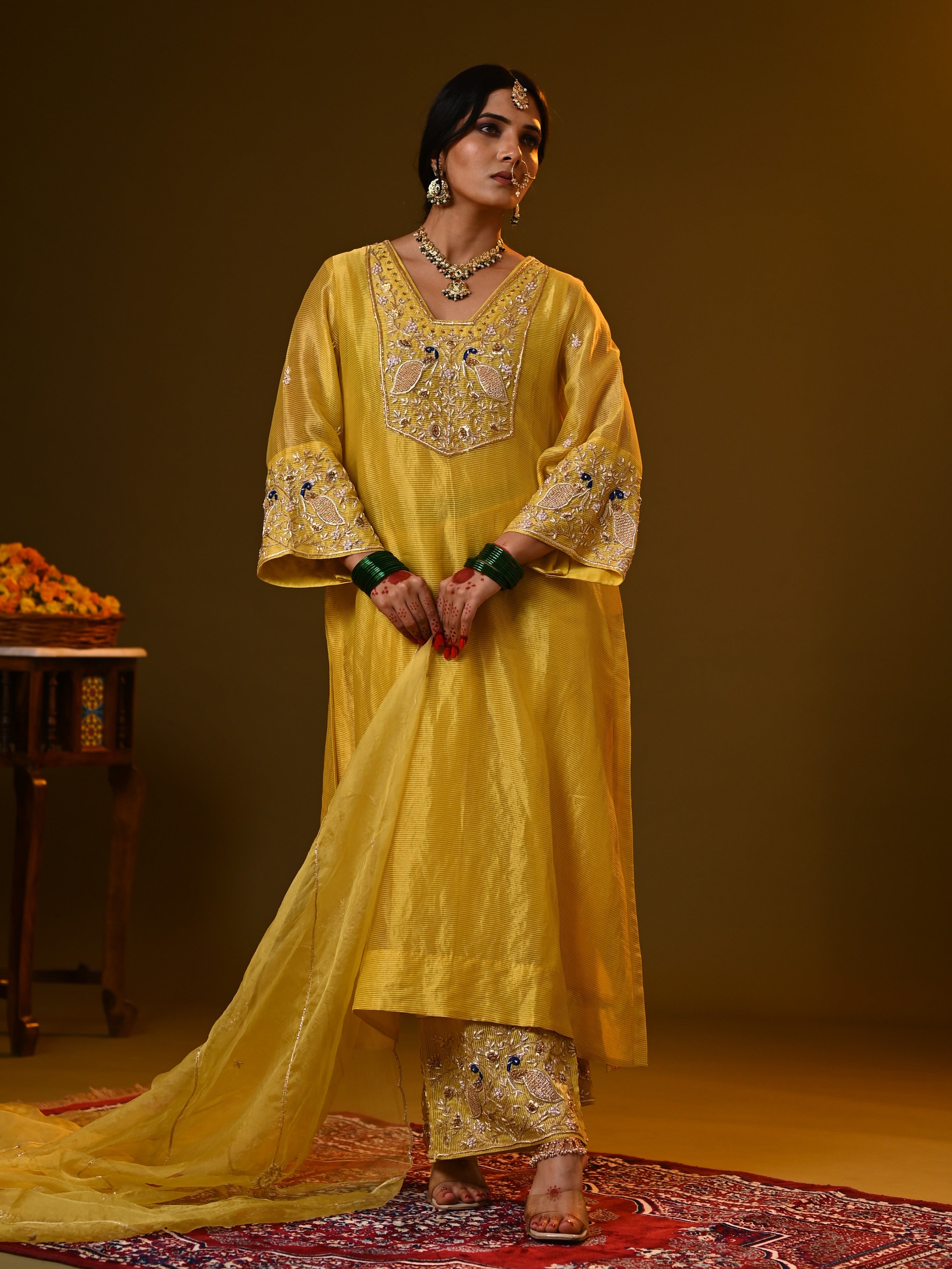 Women's Yellow Hand woven Kurta Set