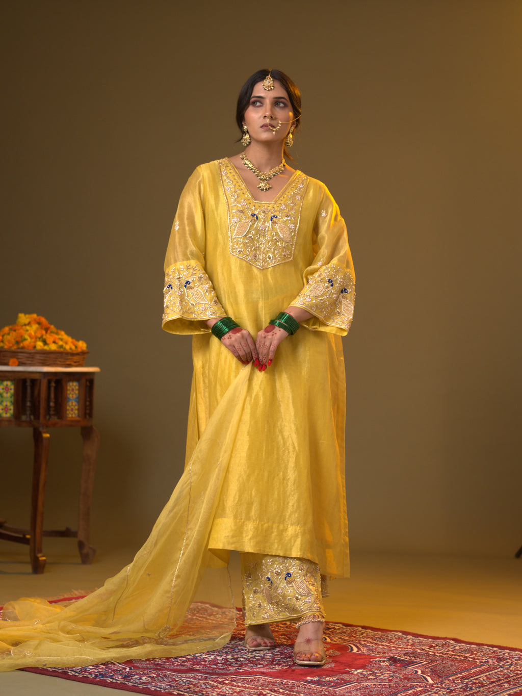 Women's Yellow Hand woven Kurta Set