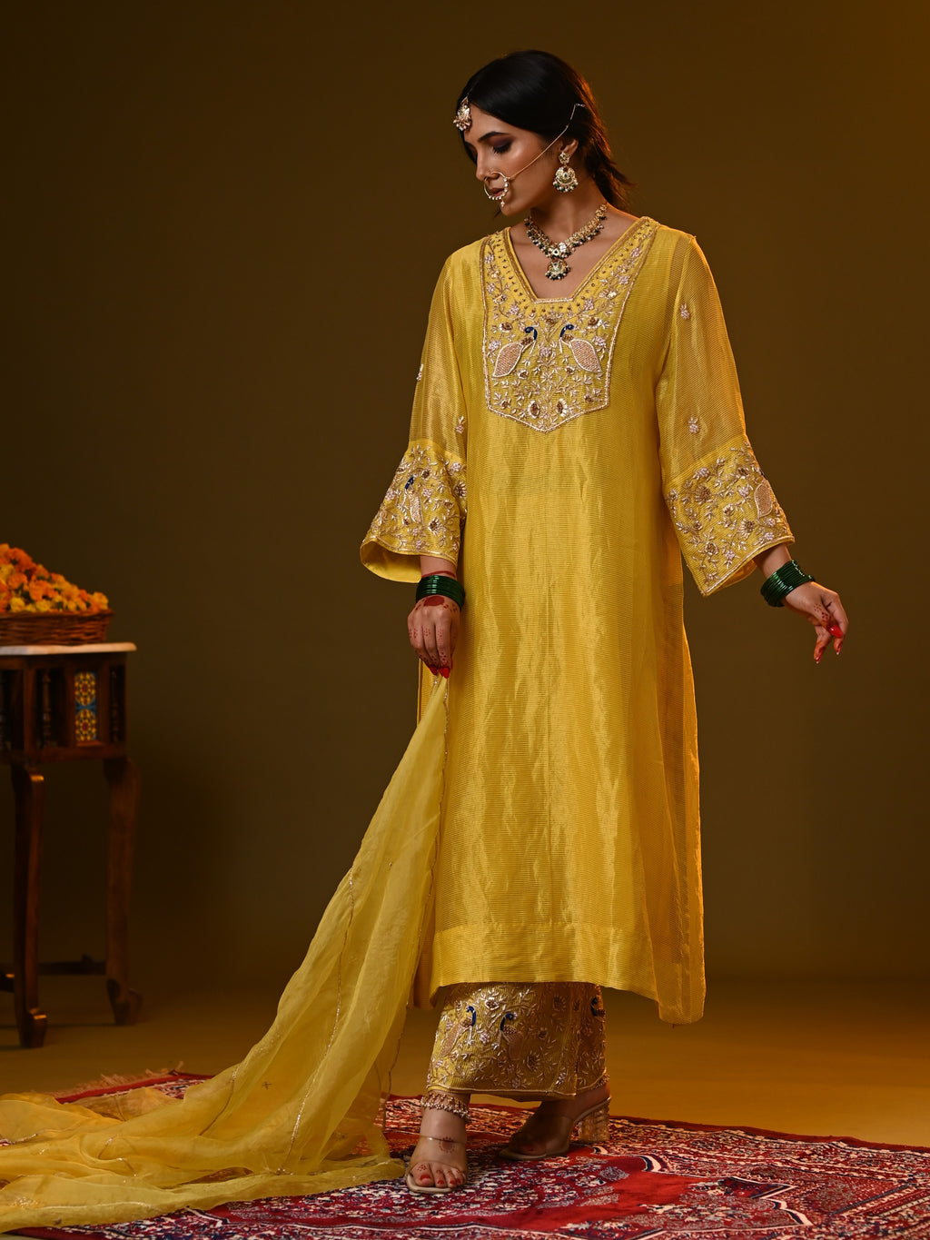 Women's Yellow Hand woven Kurta Set