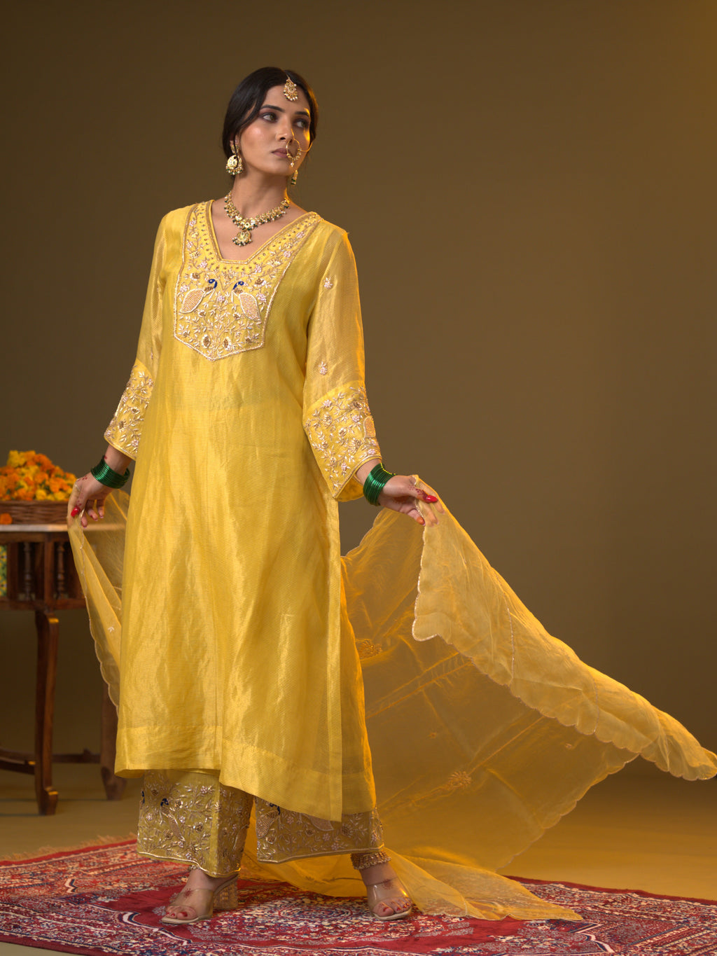 Women's Yellow Hand woven Kurta Set