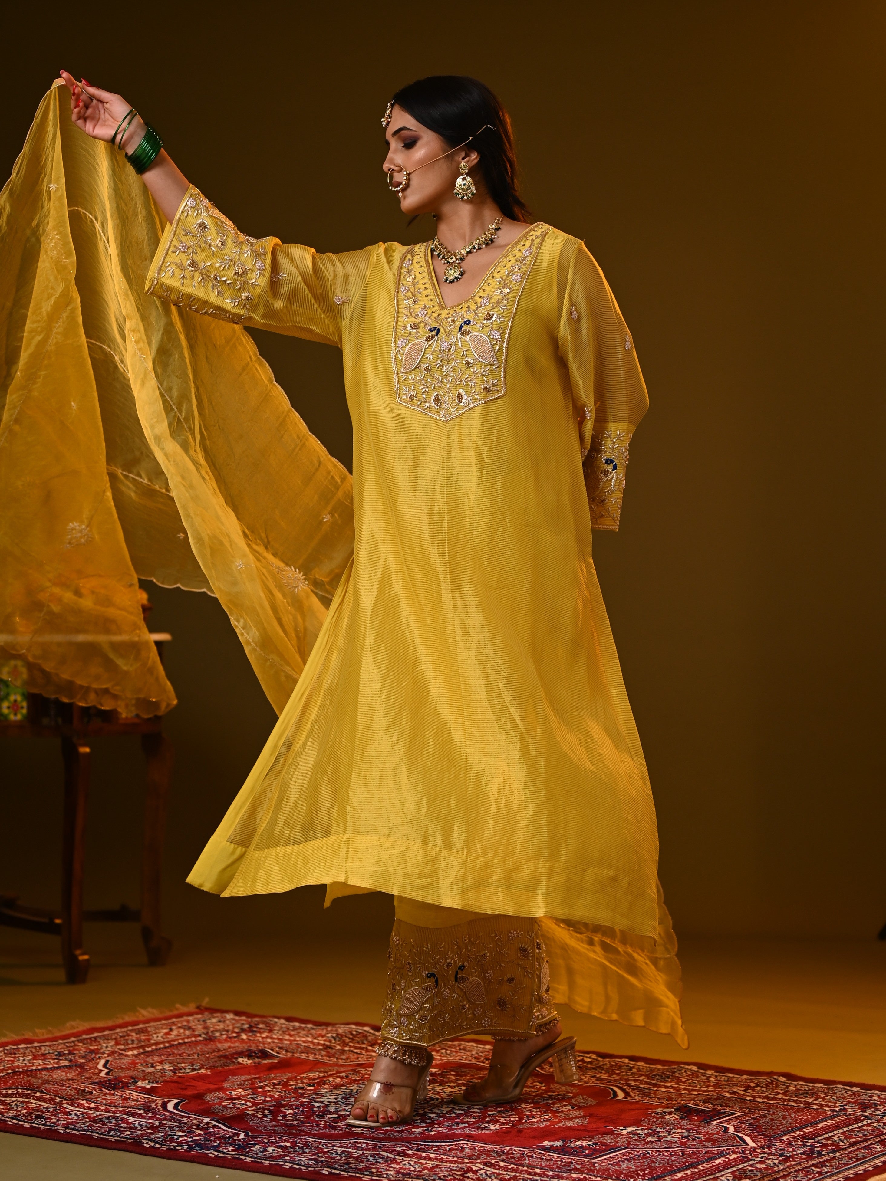 Women's Yellow Hand woven Kurta Set