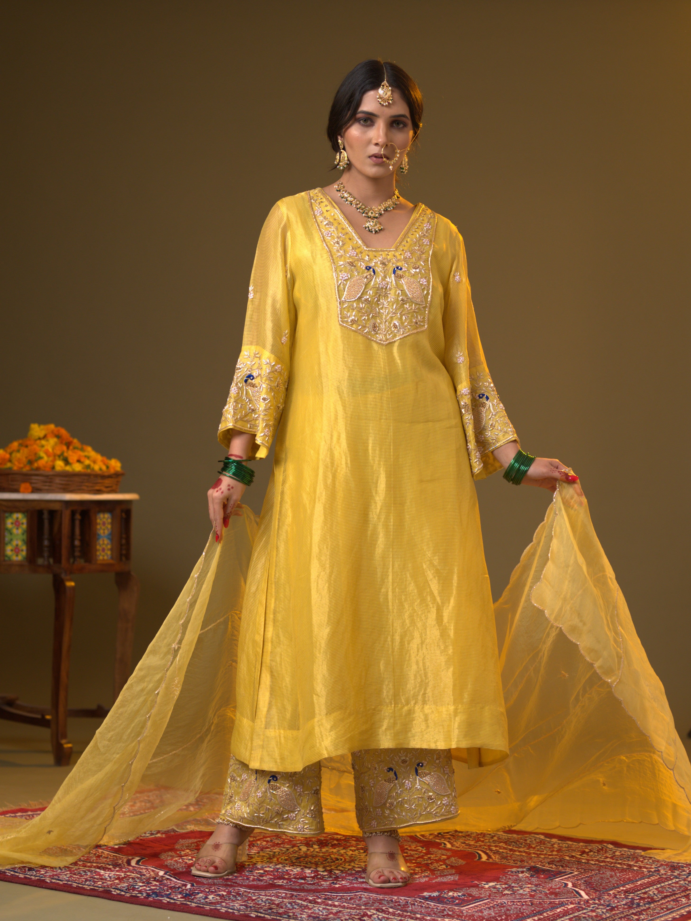 Women's Yellow Hand woven Kurta Set