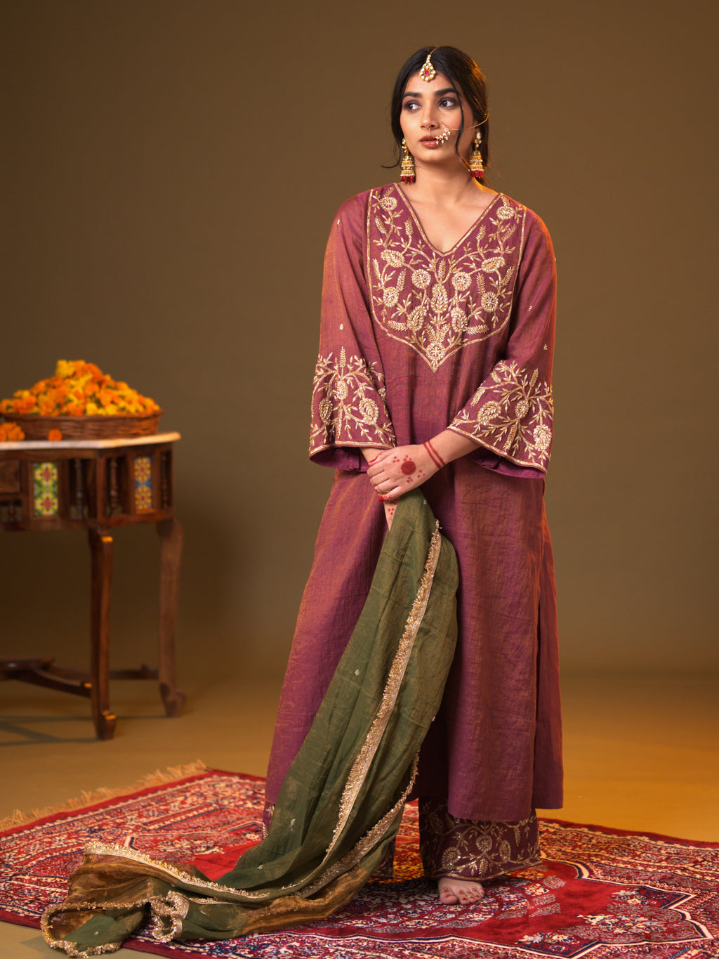 Women's Wine Handloom Tissue Kurta Set