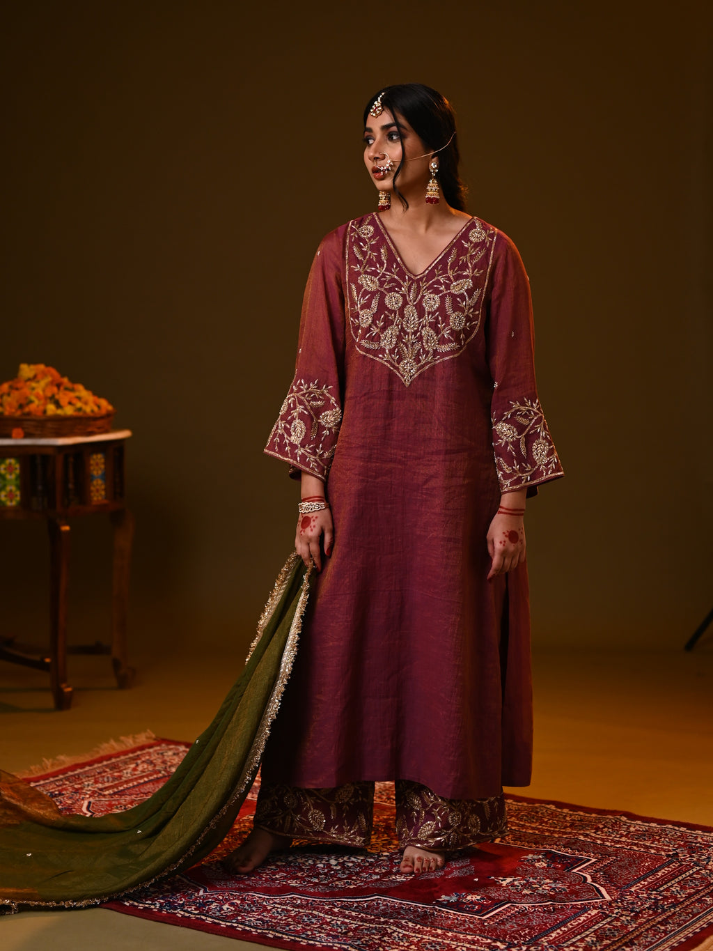 Women's Wine Handloom Tissue Kurta Set