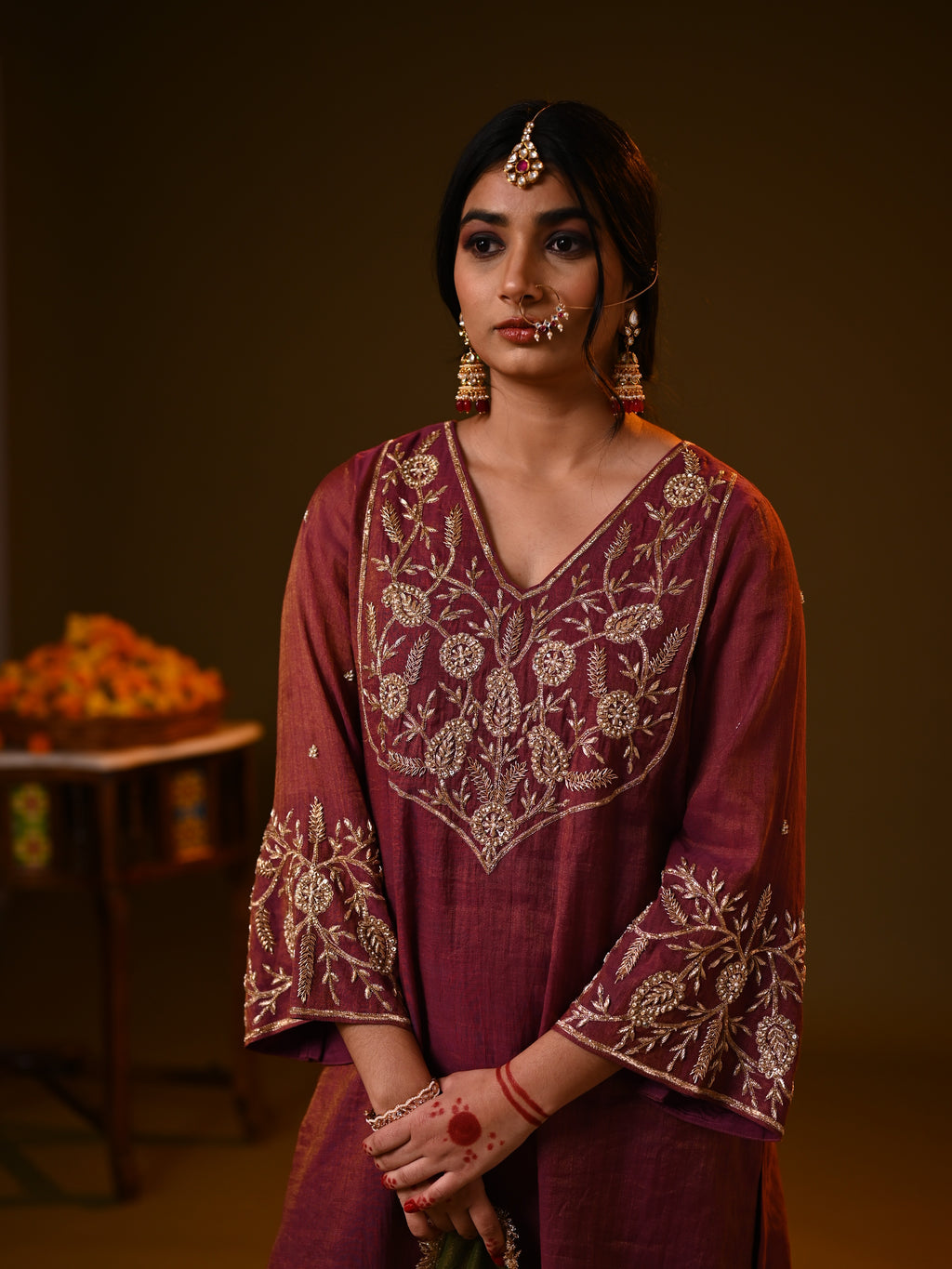 Women's Wine Handloom Tissue Kurta Set