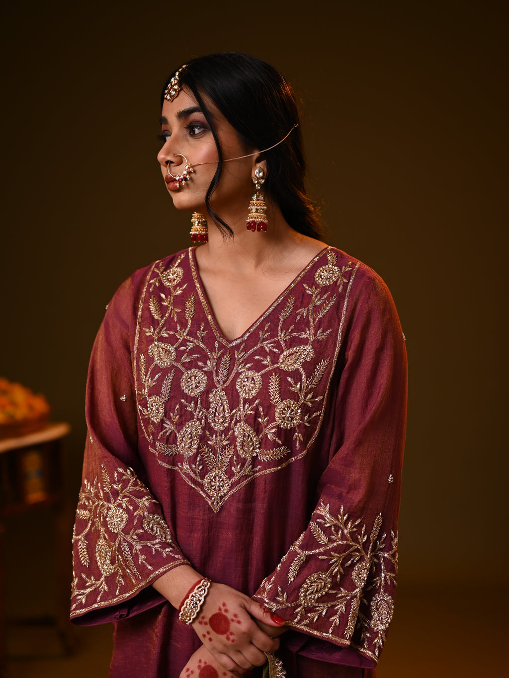 Women's Wine Handloom Tissue Kurta Set