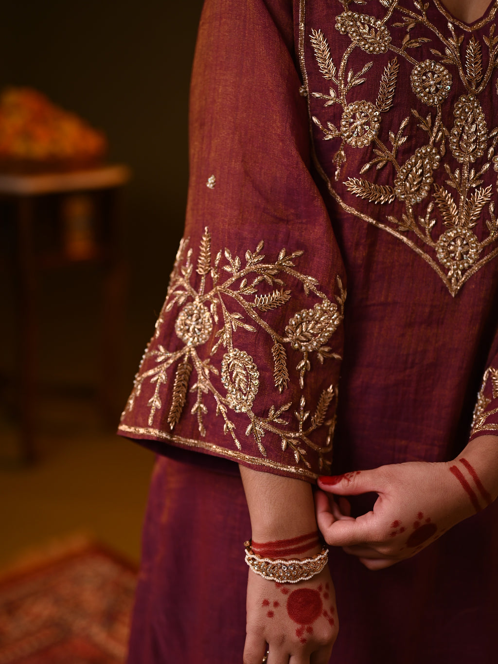 Women's Wine Handloom Tissue Kurta Set