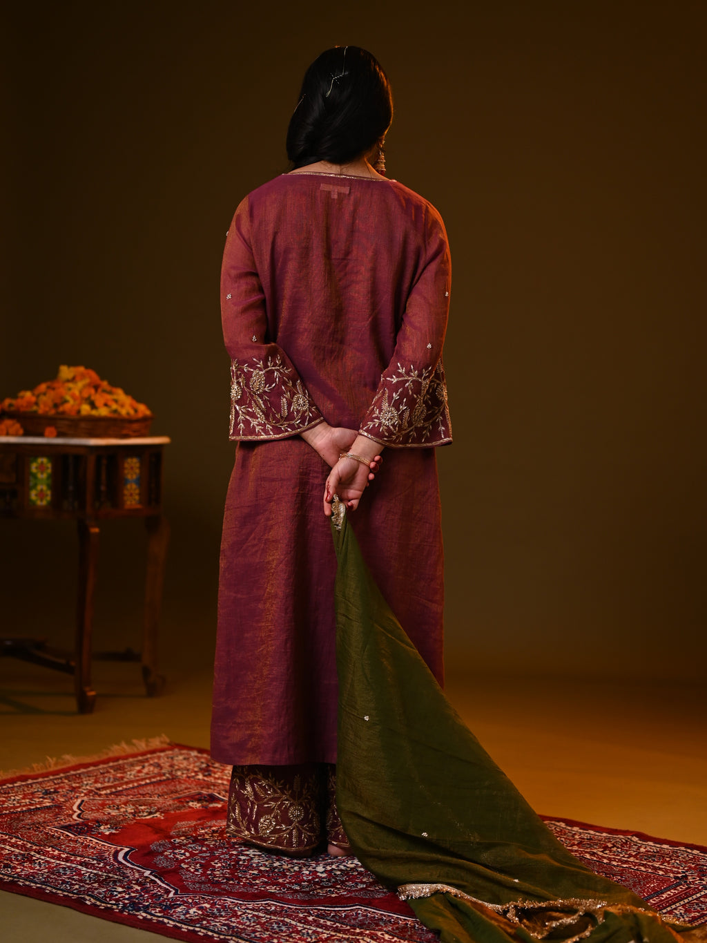 Women's Wine Handloom Tissue Kurta Set