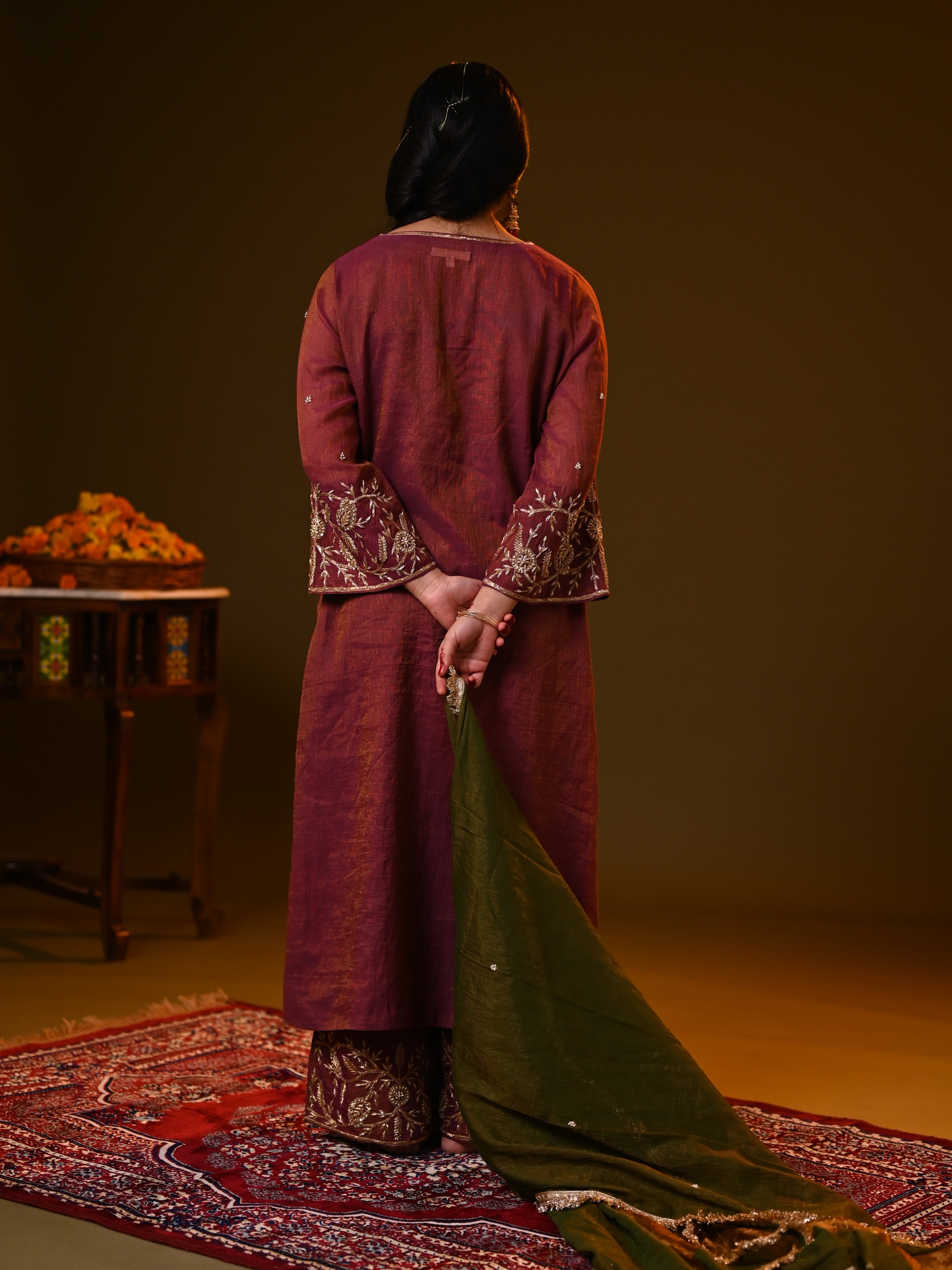 Women's Wine Handloom Tissue Kurta Set