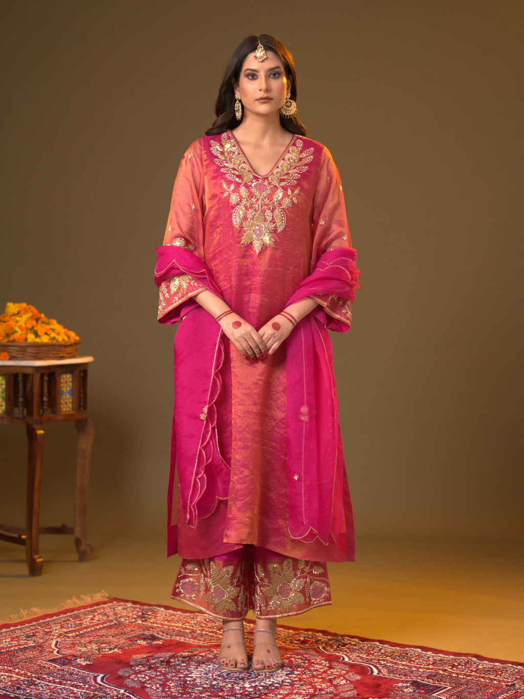 Women's Rani Pink Organza Tissue Kurta Set